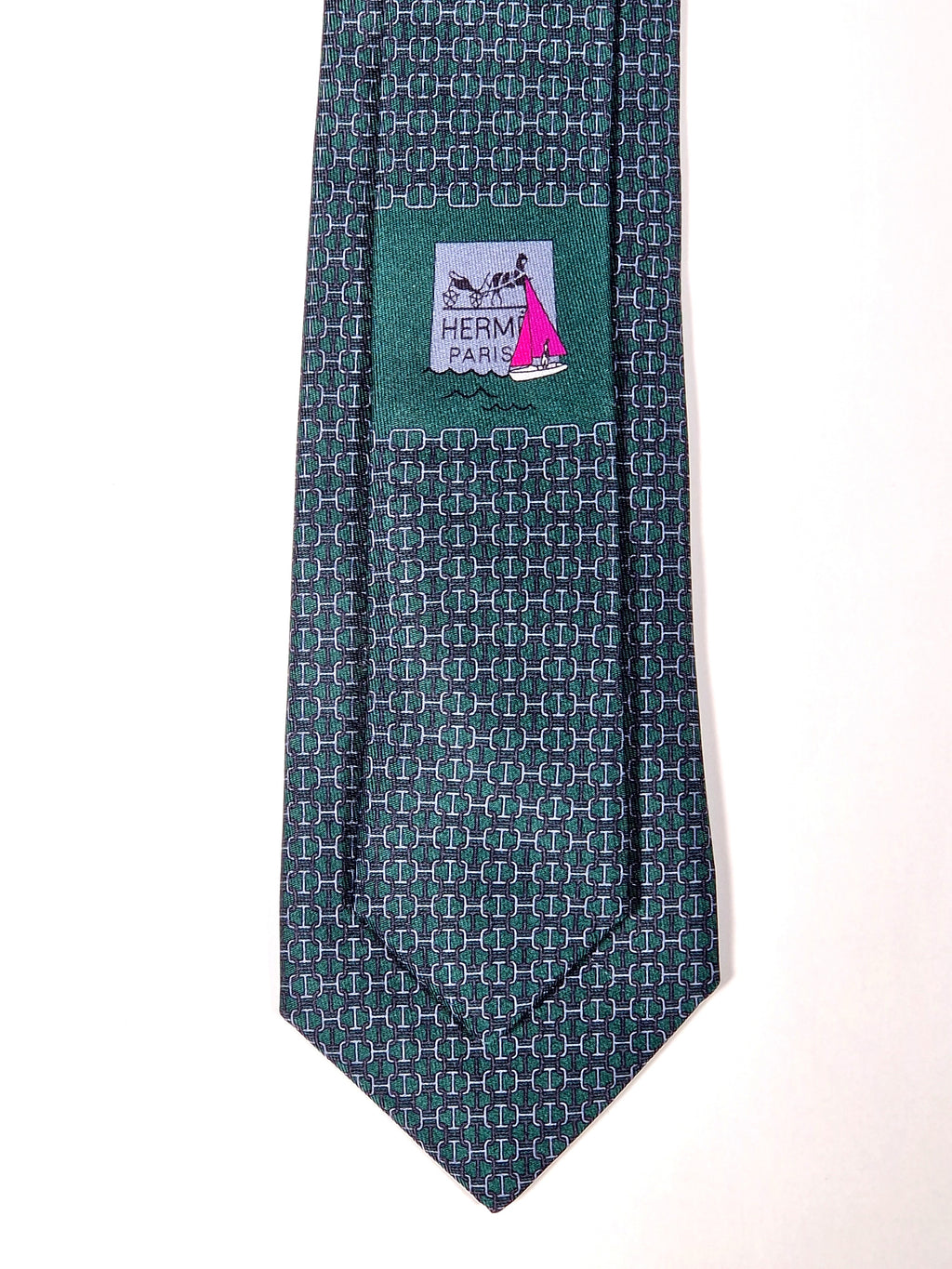Hermès silk tie green chain pattern and sailboat 6323 PA