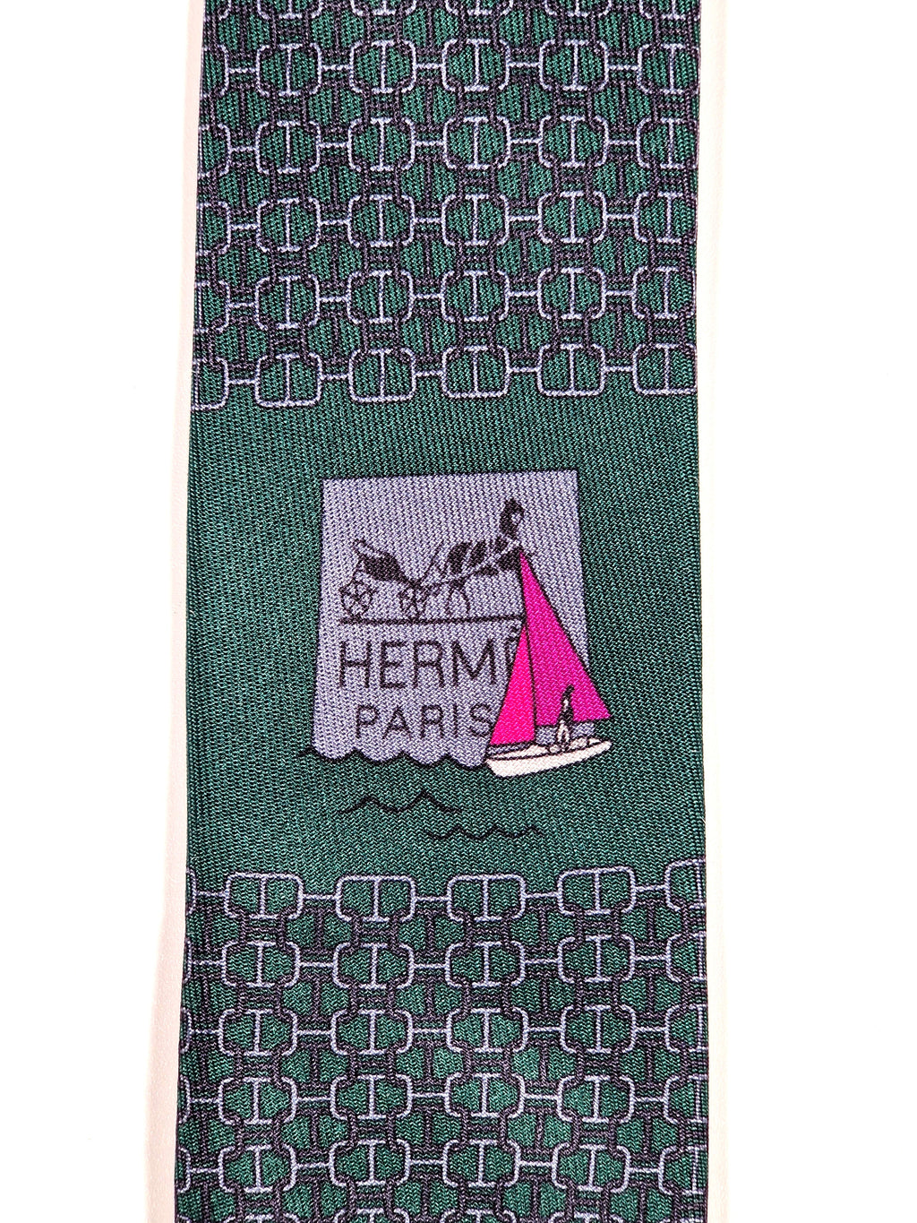 Hermès silk tie green chain pattern and sailboat 6323 PA