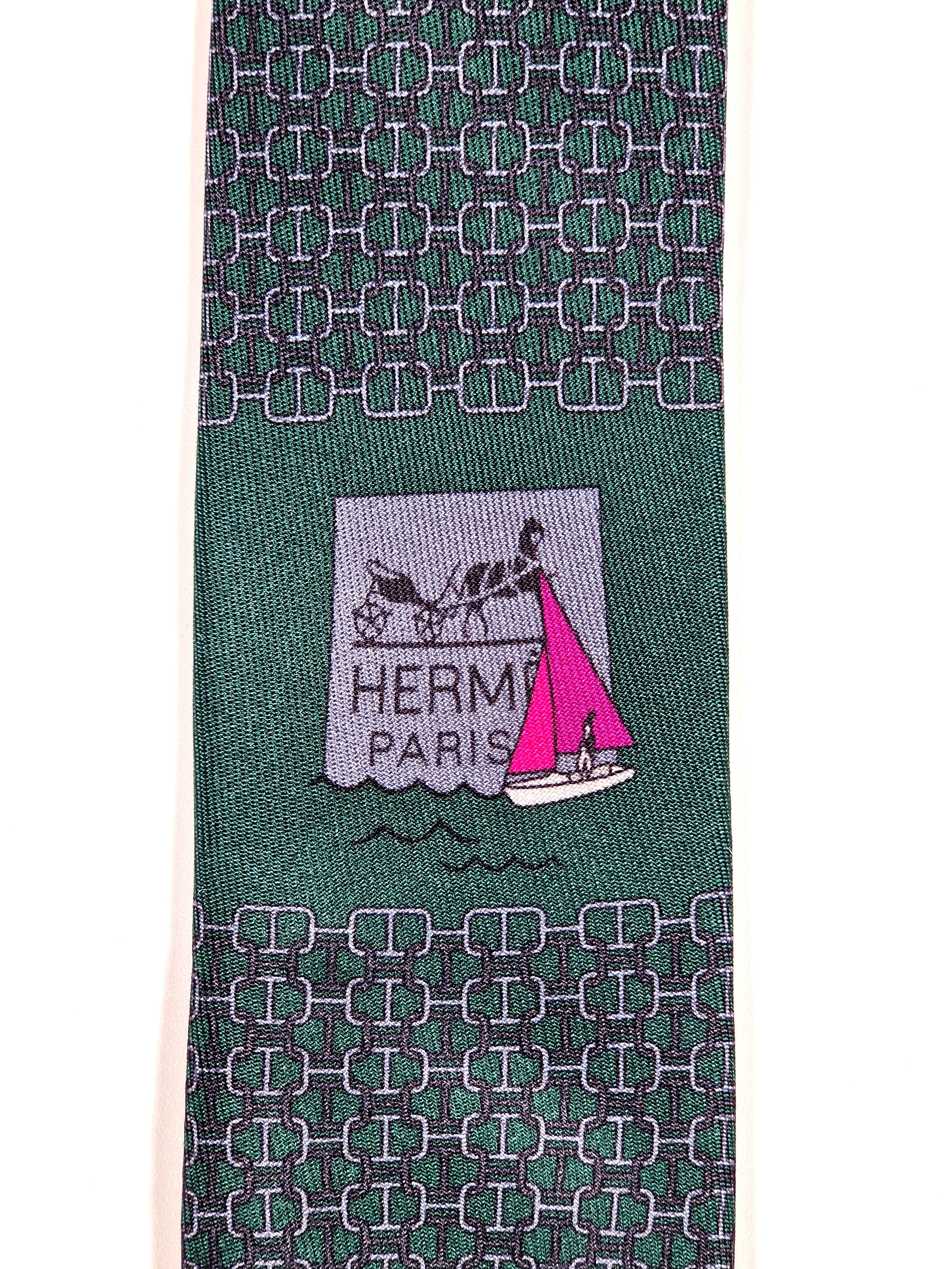 Hermès silk tie green chain pattern and sailboat 6323 PA