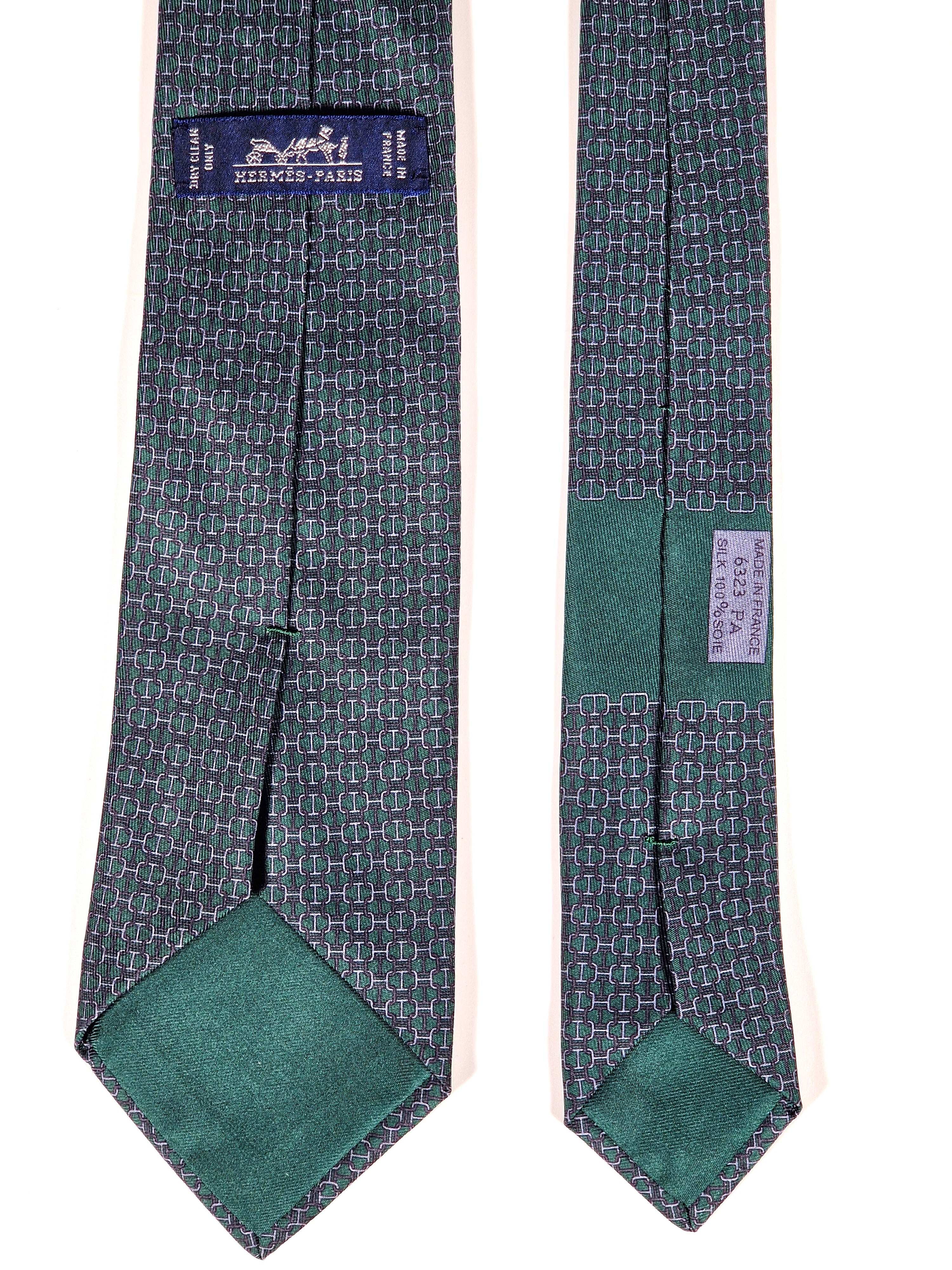 Hermès silk tie green chain pattern and sailboat 6323 PA