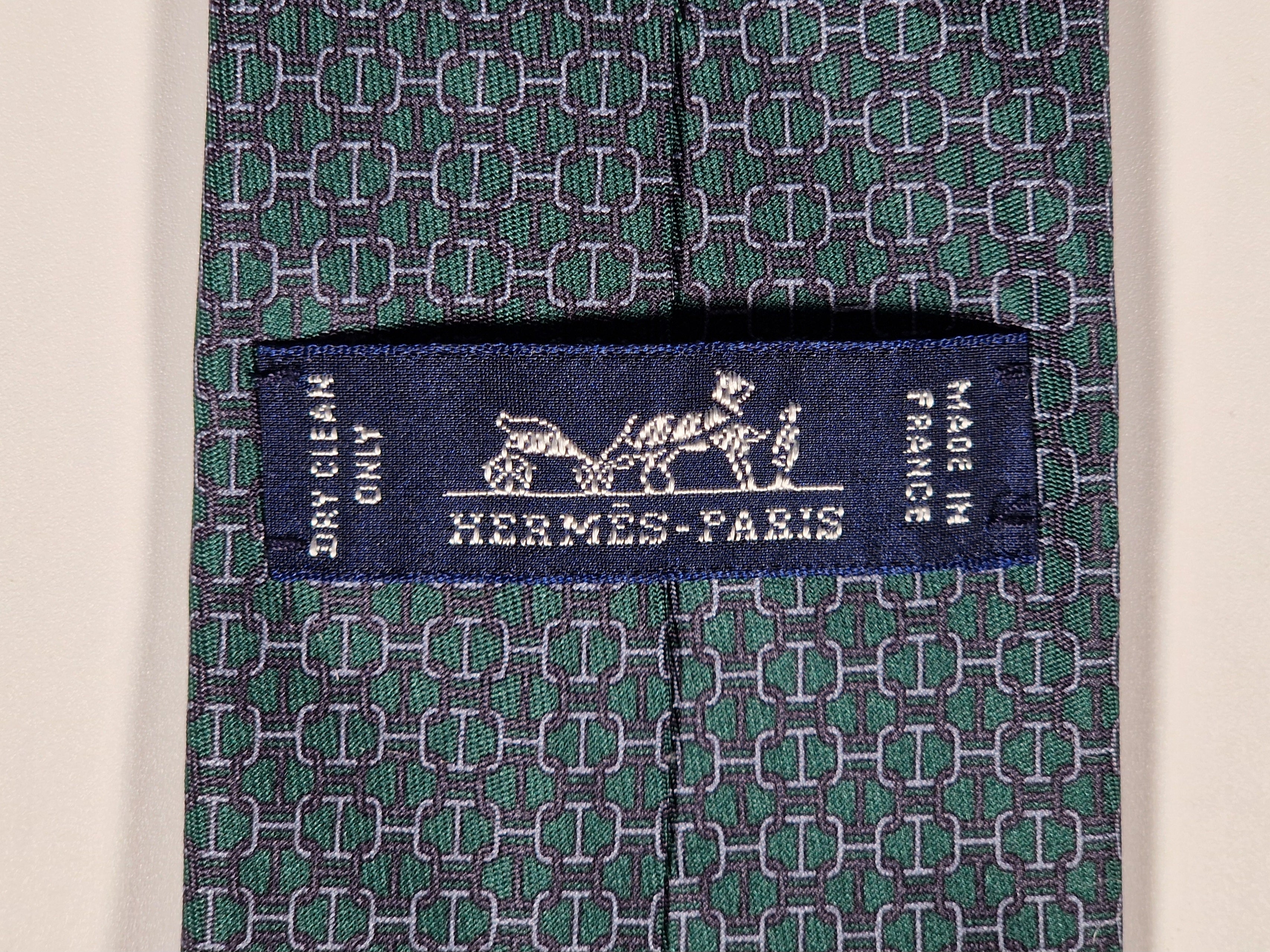 Hermès silk tie green chain pattern and sailboat 6323 PA