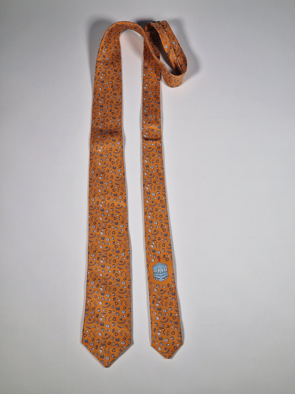 Hermès silk tie orange quincaillerie du faub pattern 6354 HA with box