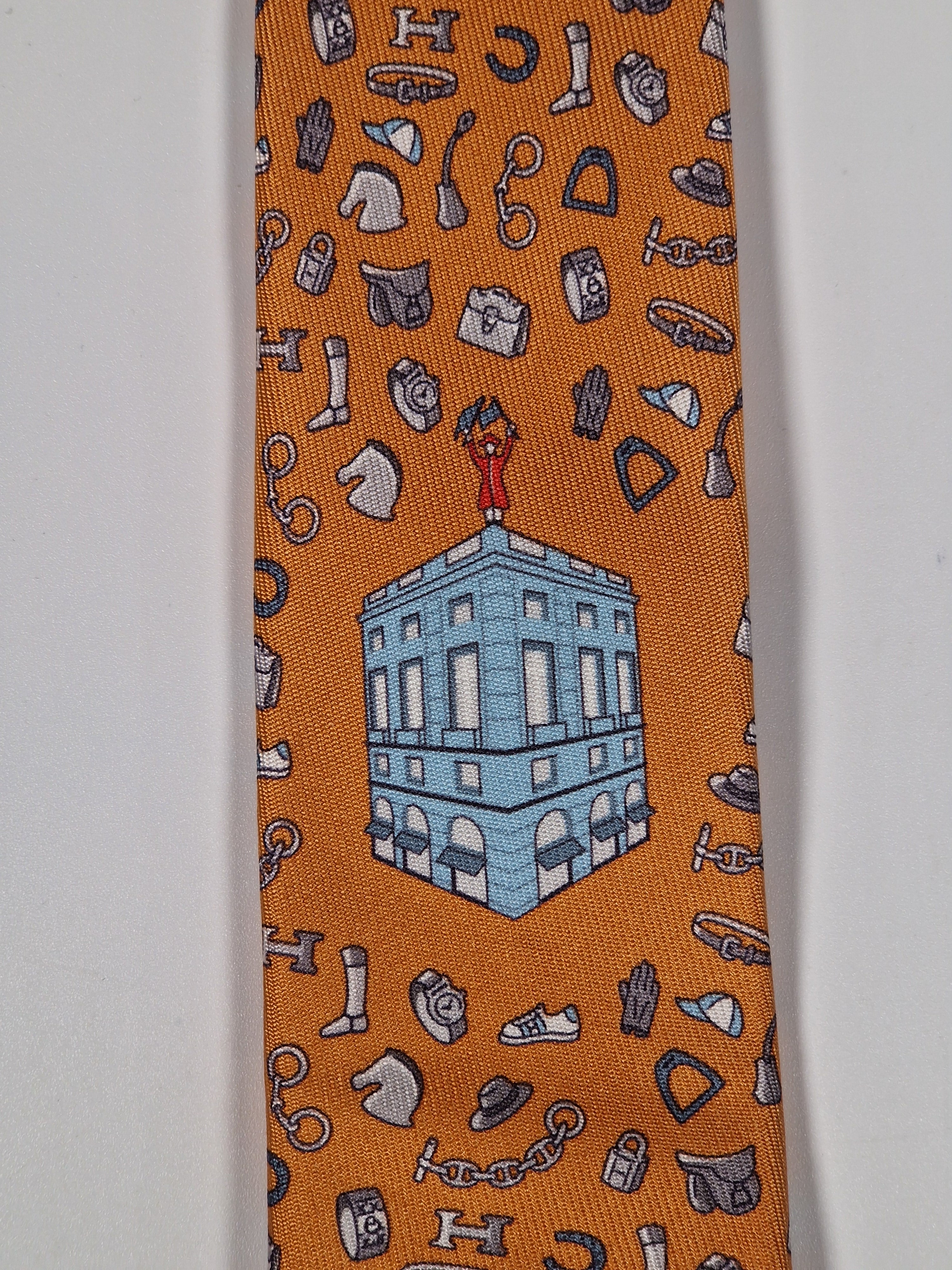 Hermès silk tie orange quincaillerie du faub pattern 6354 HA with box