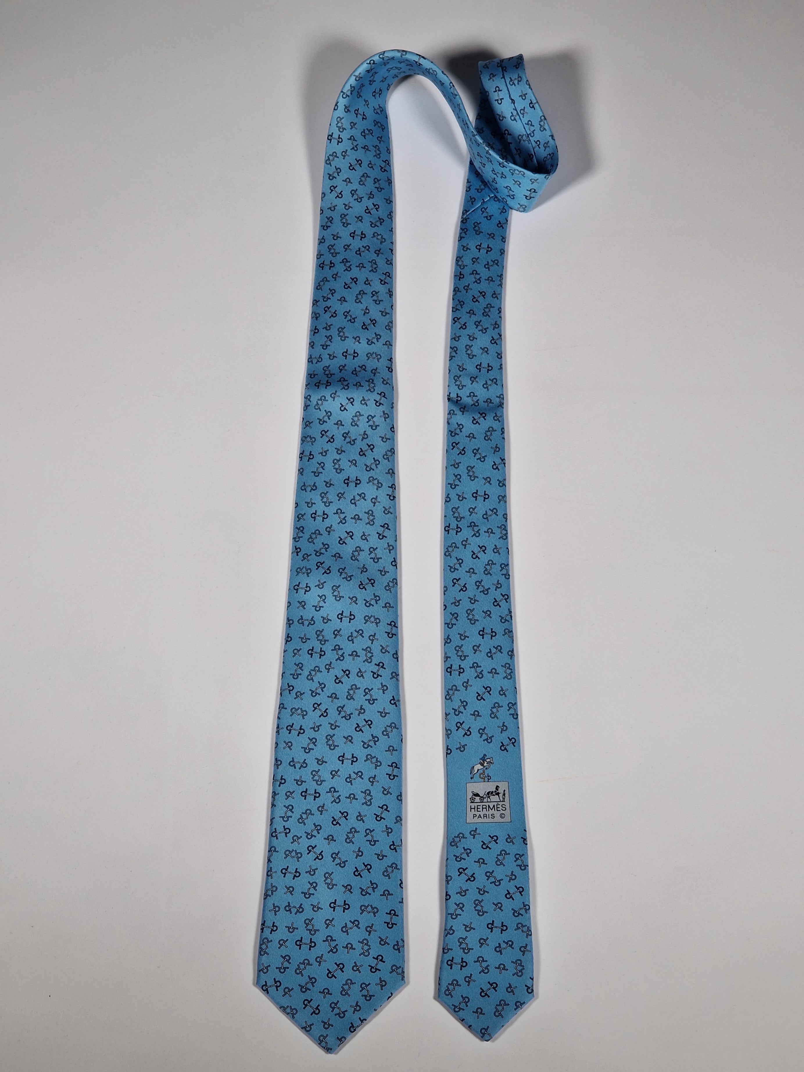 Hermès silk tie blue equestrian horse jumping 6362 HA