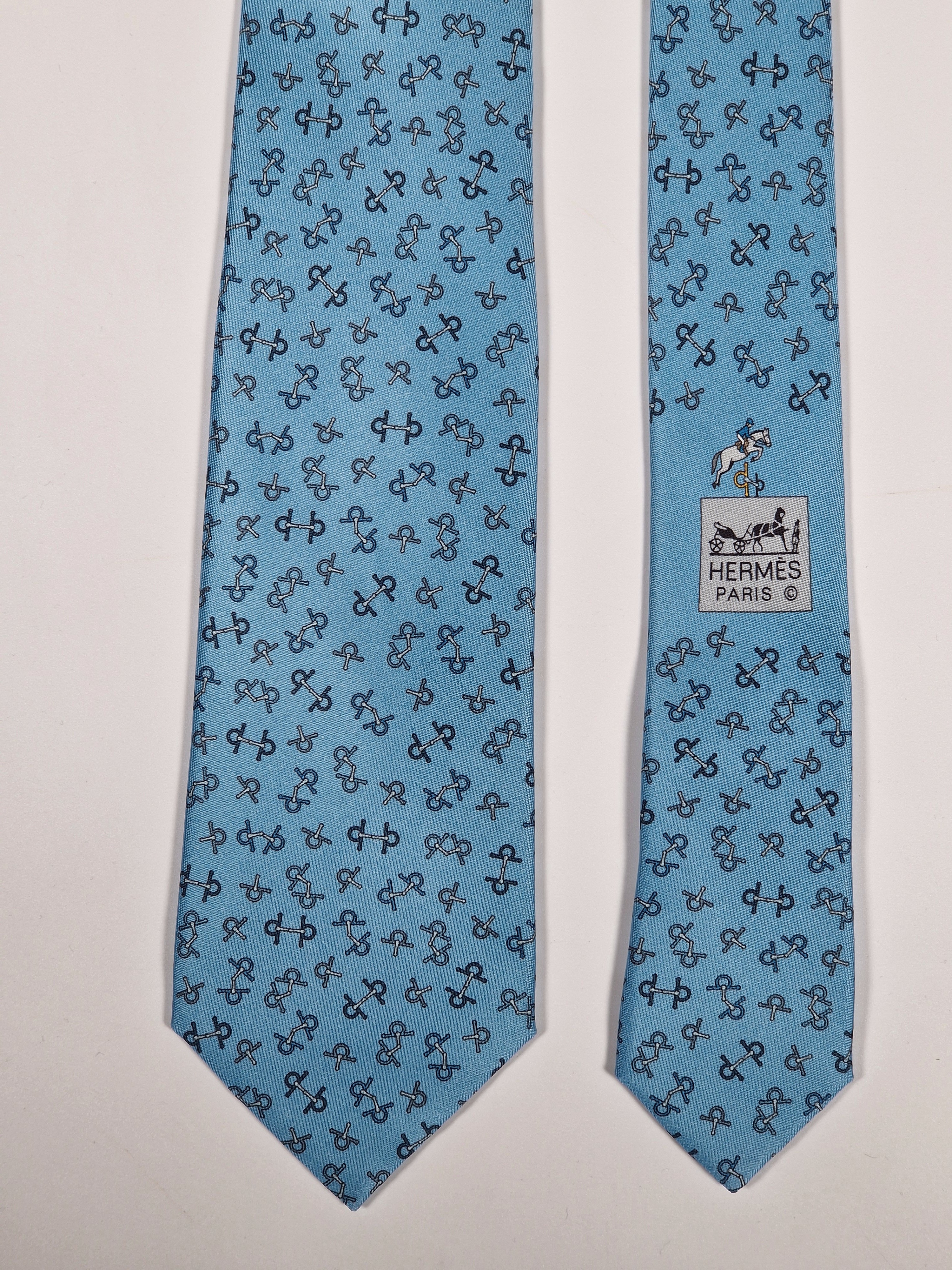 Hermès silk tie blue equestrian horse jumping 6362 HA