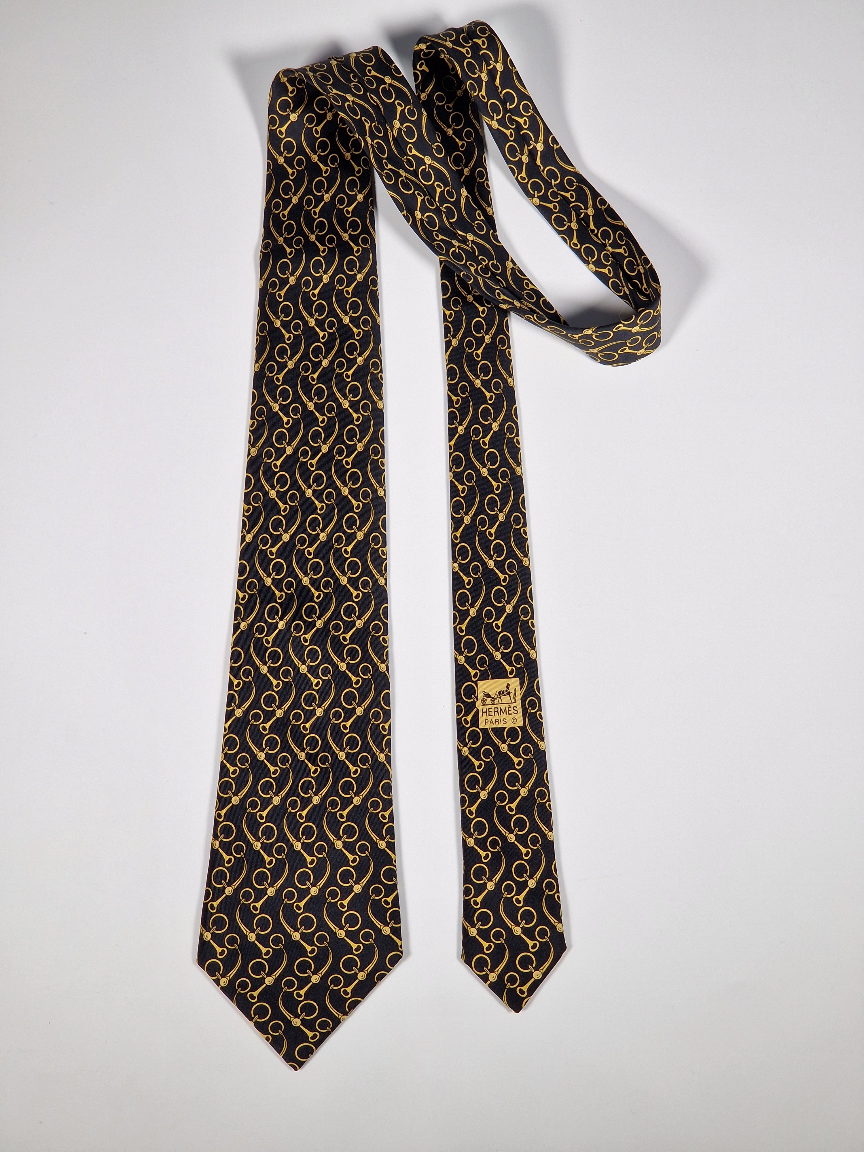 Hermès silk tie black equestrian pattern 643 TA