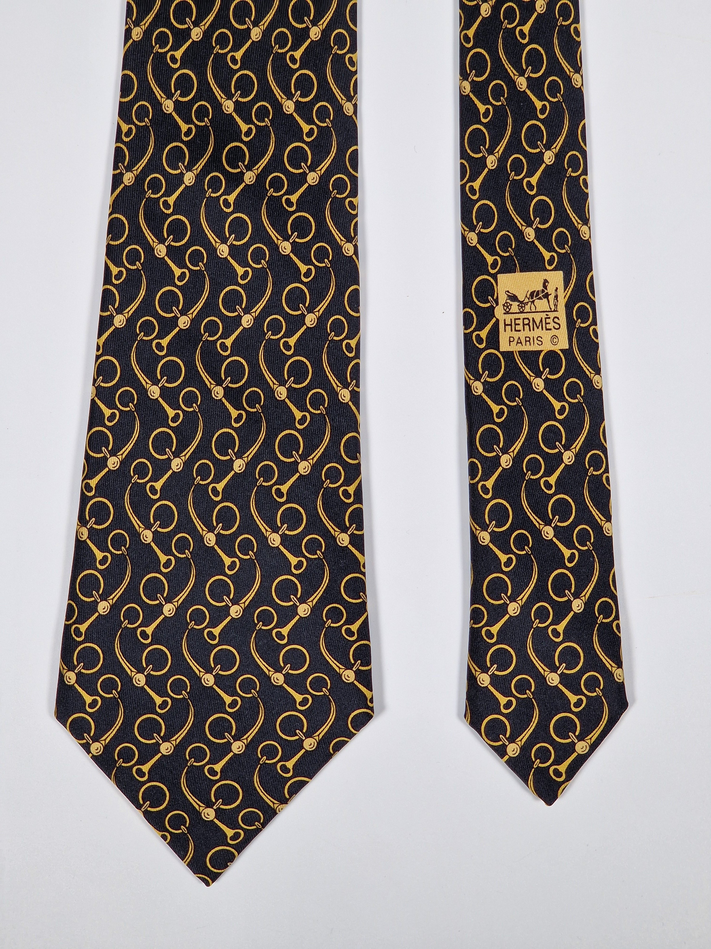 Hermès silk tie black equestrian pattern 643 TA