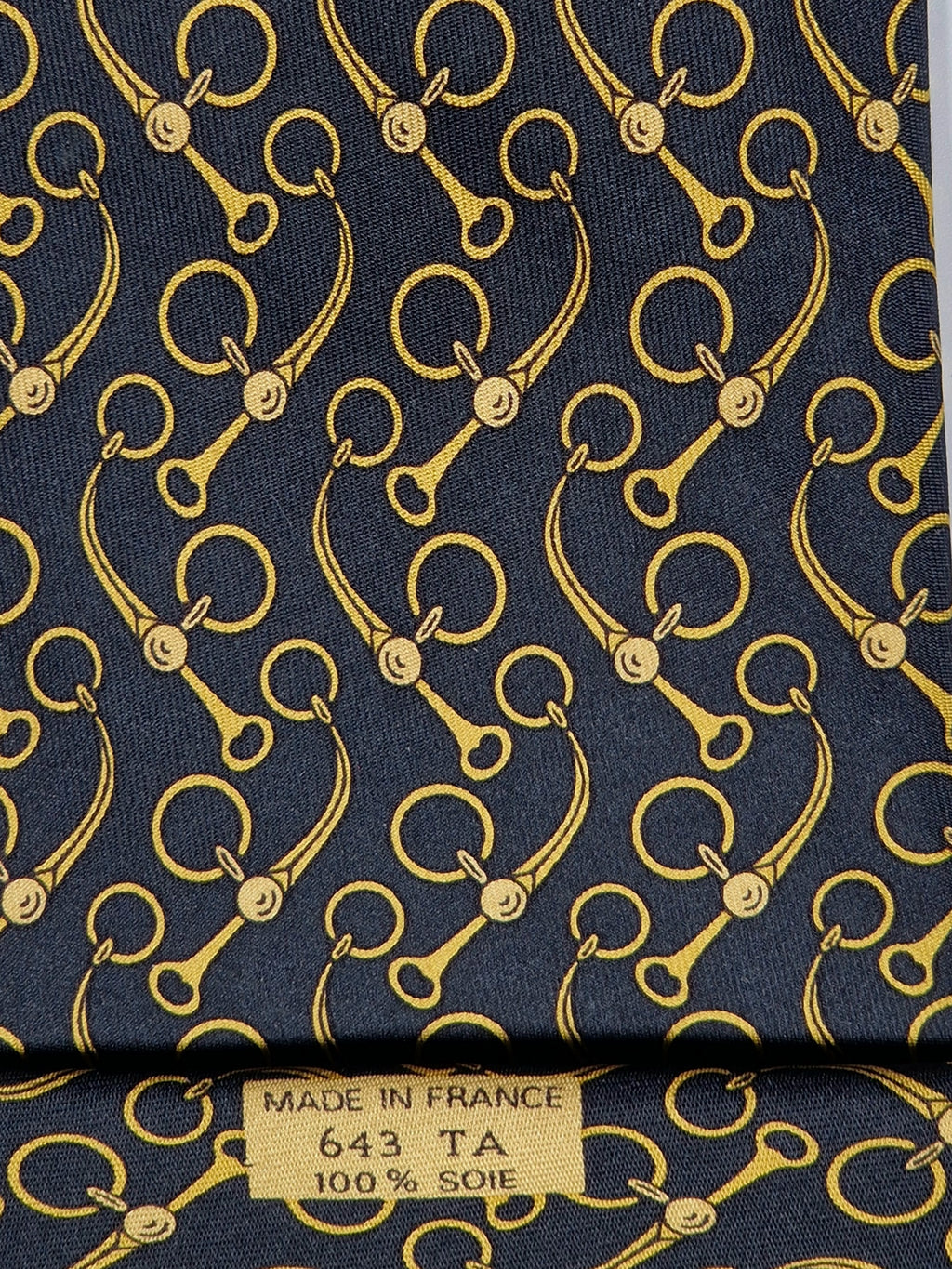 Hermès silk tie black equestrian pattern 643 TA