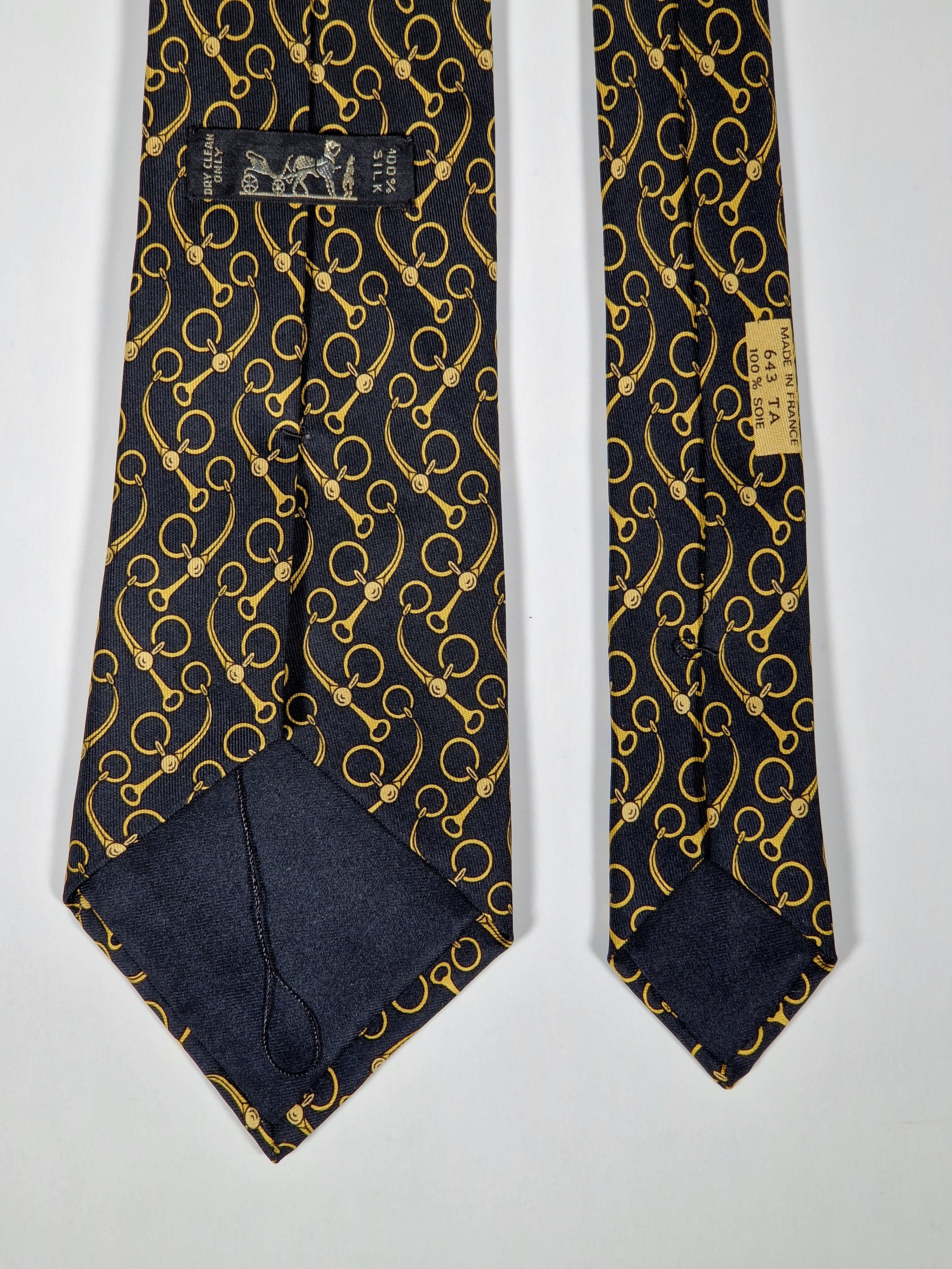 Hermès silk tie black equestrian pattern 643 TA