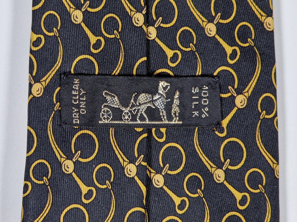 Hermès silk tie black equestrian pattern 643 TA