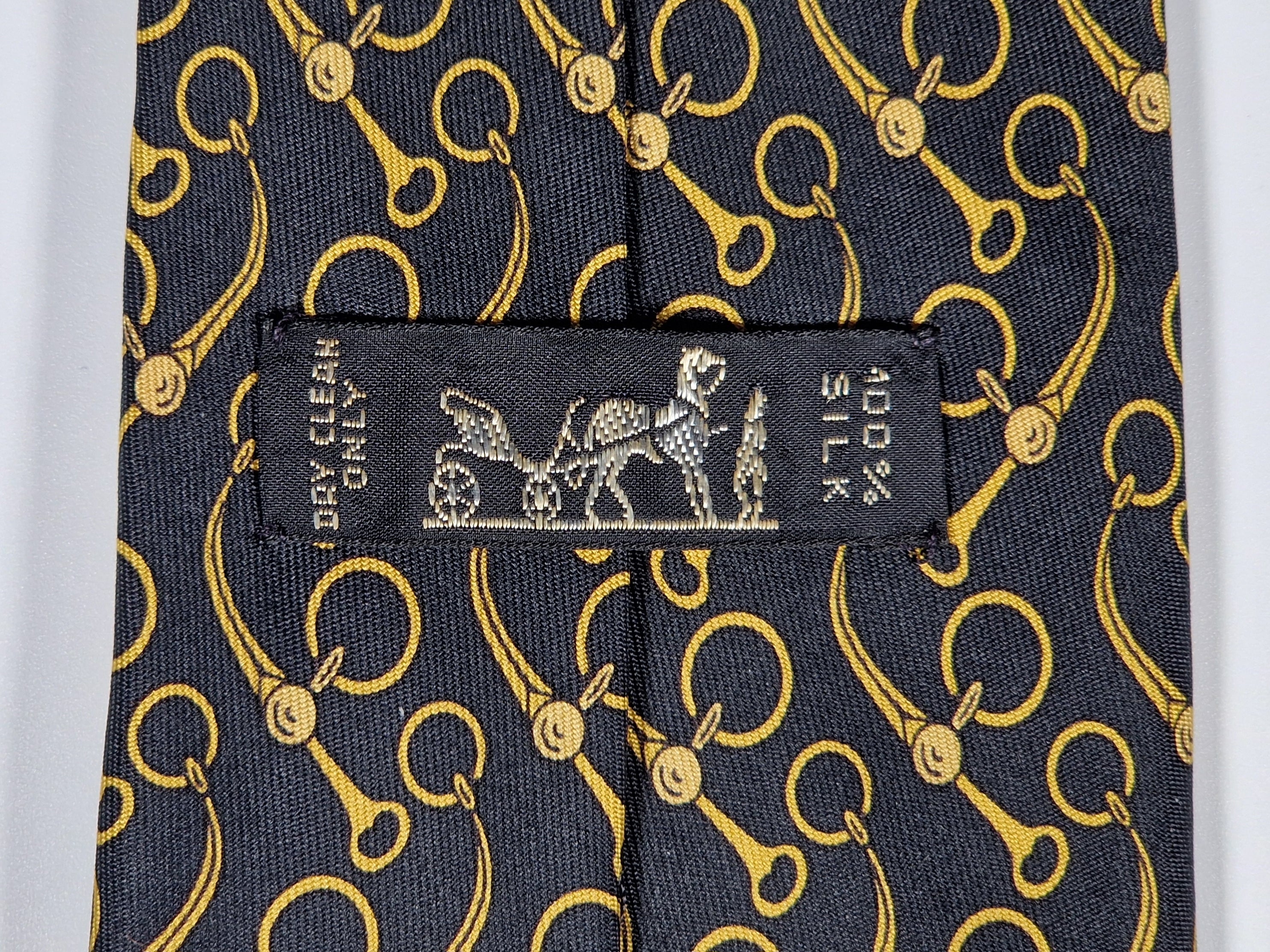 Hermès silk tie black equestrian pattern 643 TA