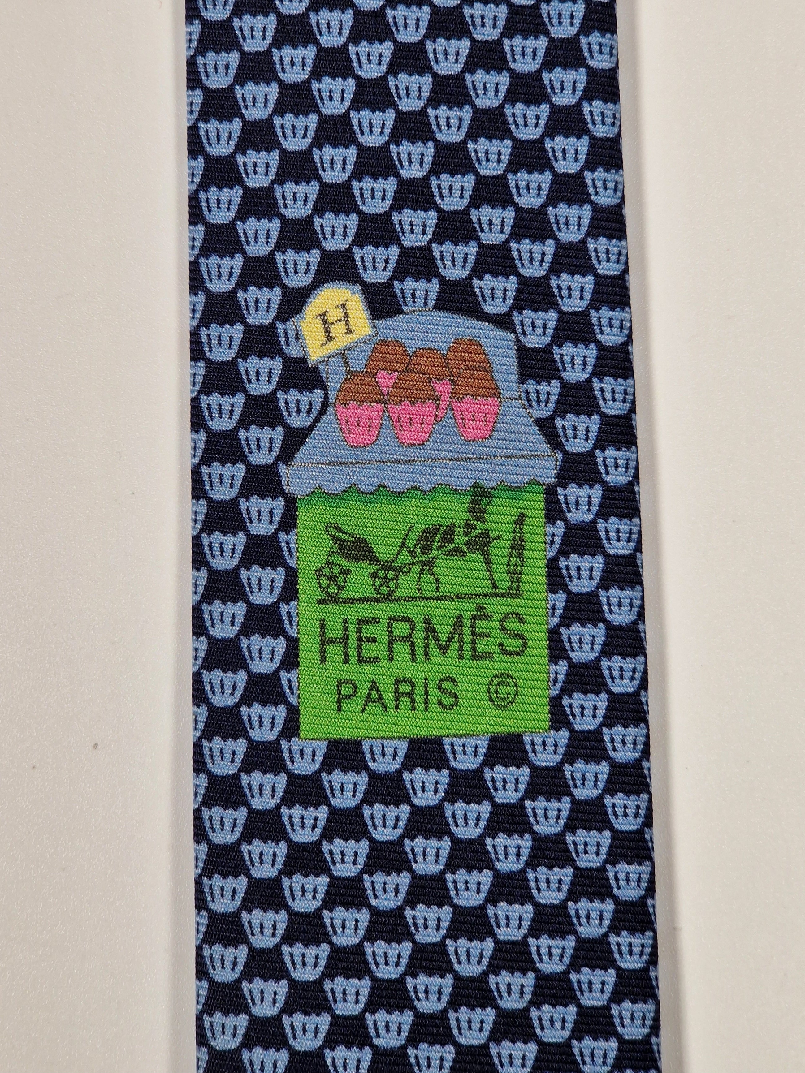 Hermès silk tie blue whimsical cupcake pattern 645790 HA