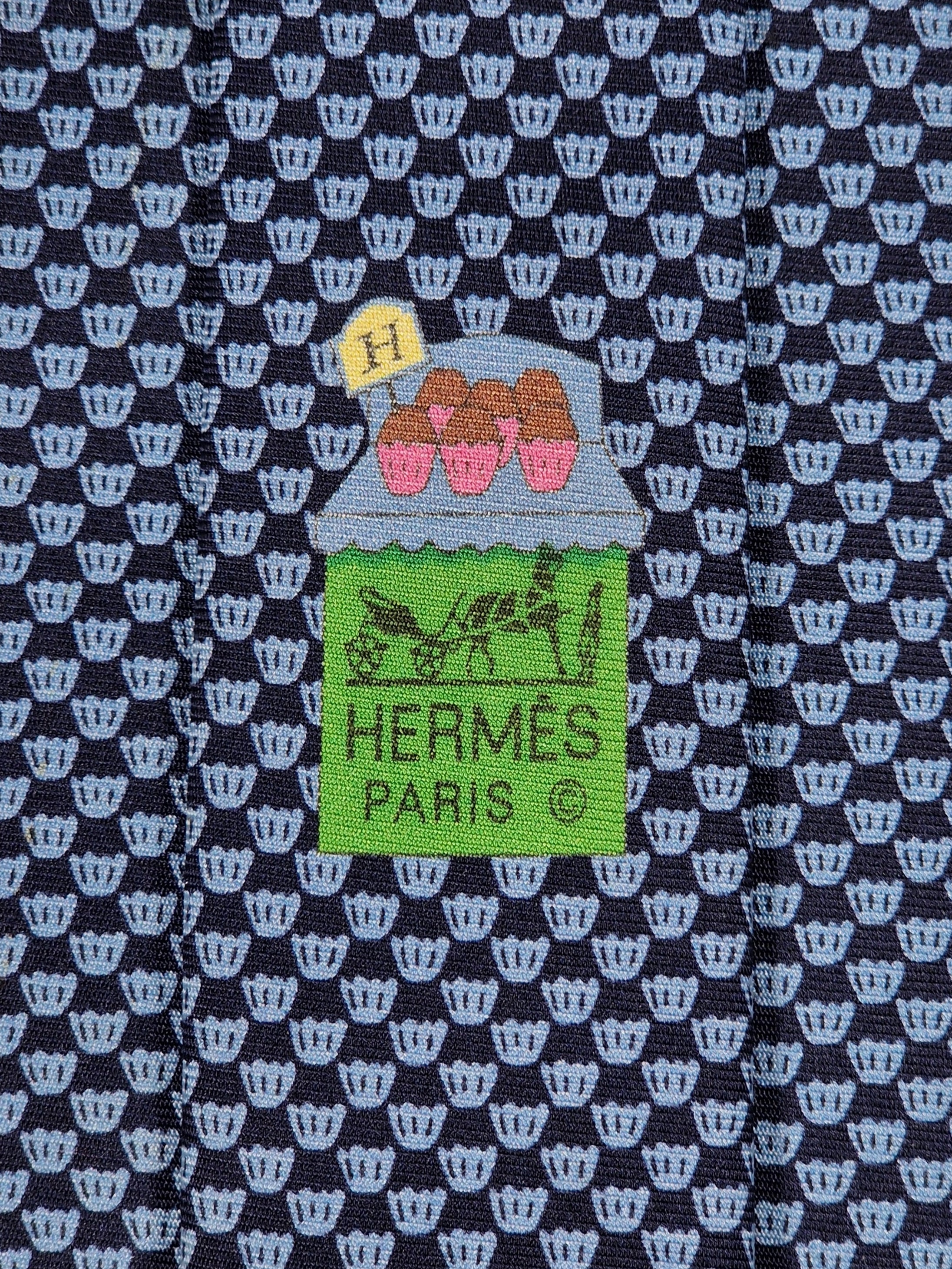 Hermès silk tie blue whimsical cupcake pattern 645790 HA