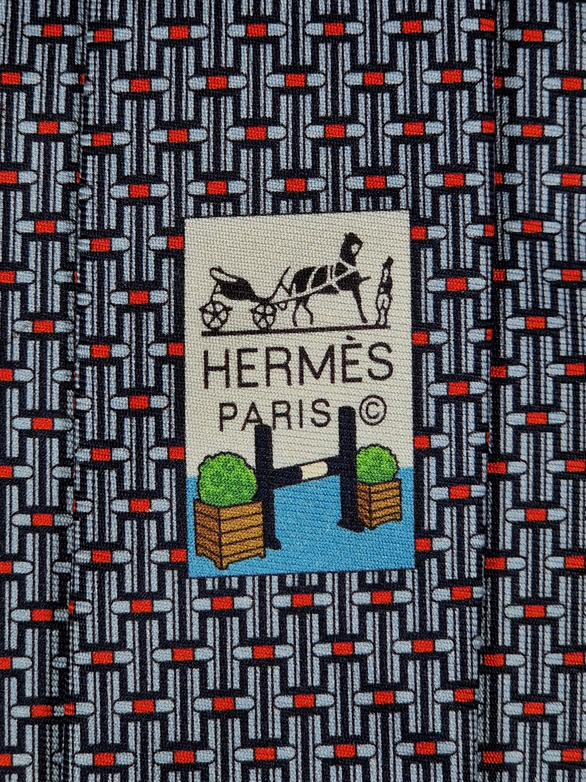 645980 Hermès tie blue equestrian jumping obstacles 645980 TA