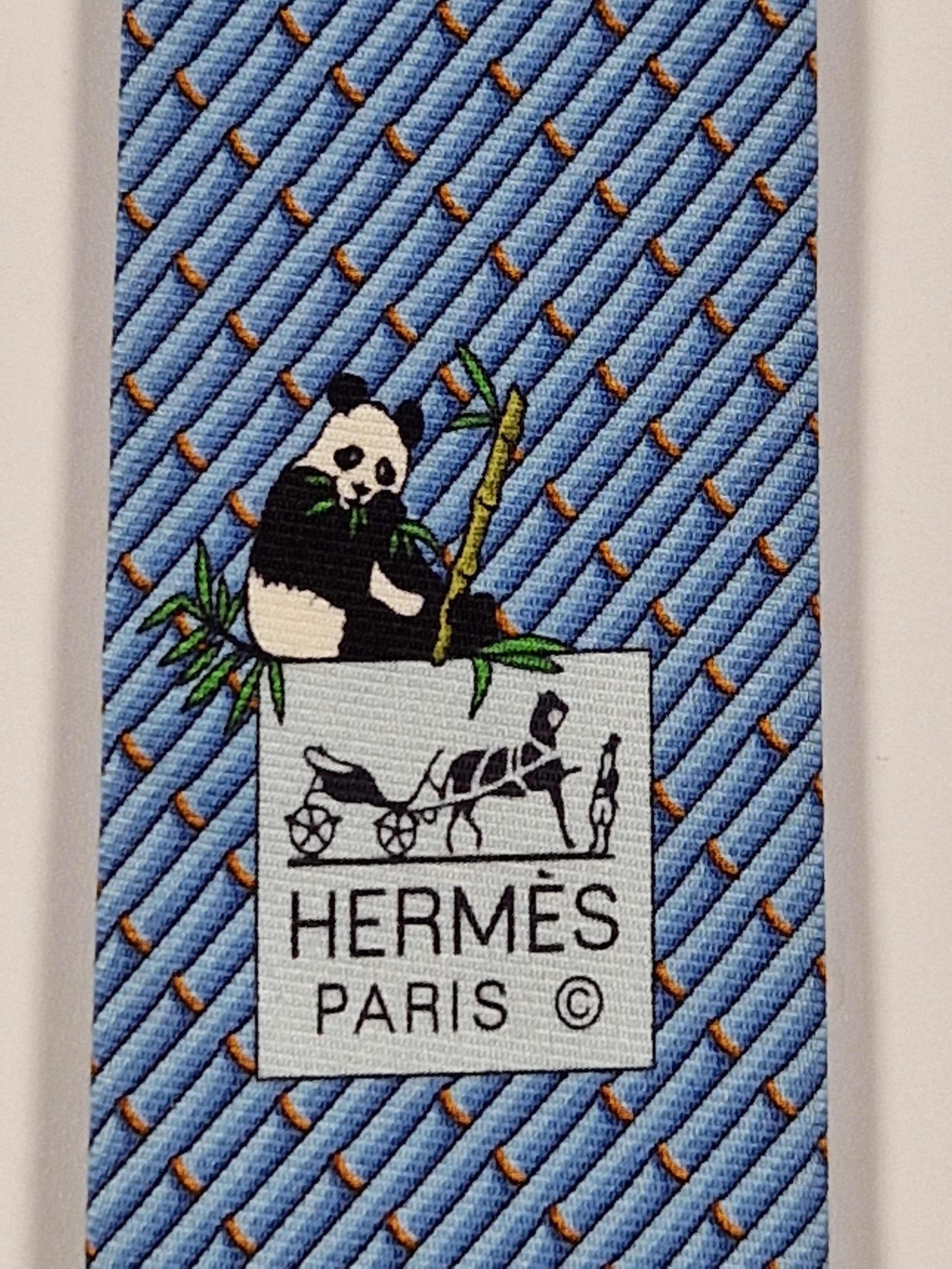 Hermès silk tie blue panda and bambu pattern Hermès 646102 FA