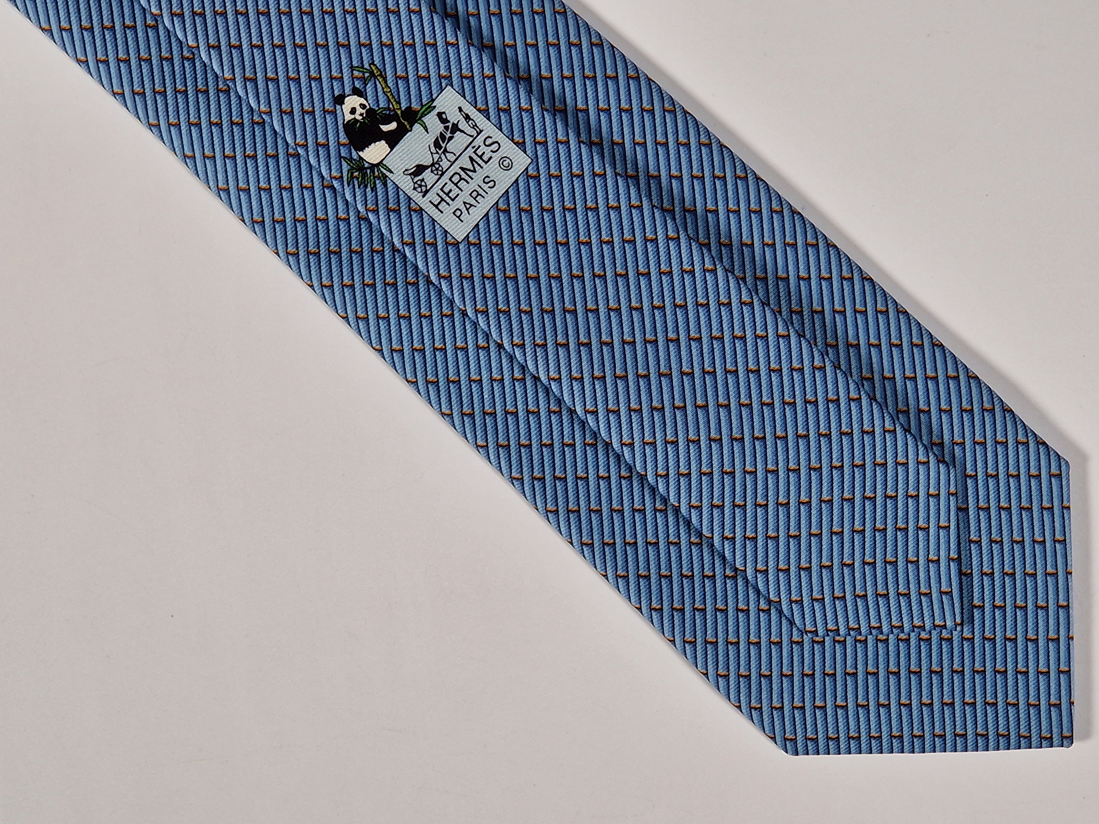 Hermès silk tie blue panda and bambu pattern Hermès 646102 FA