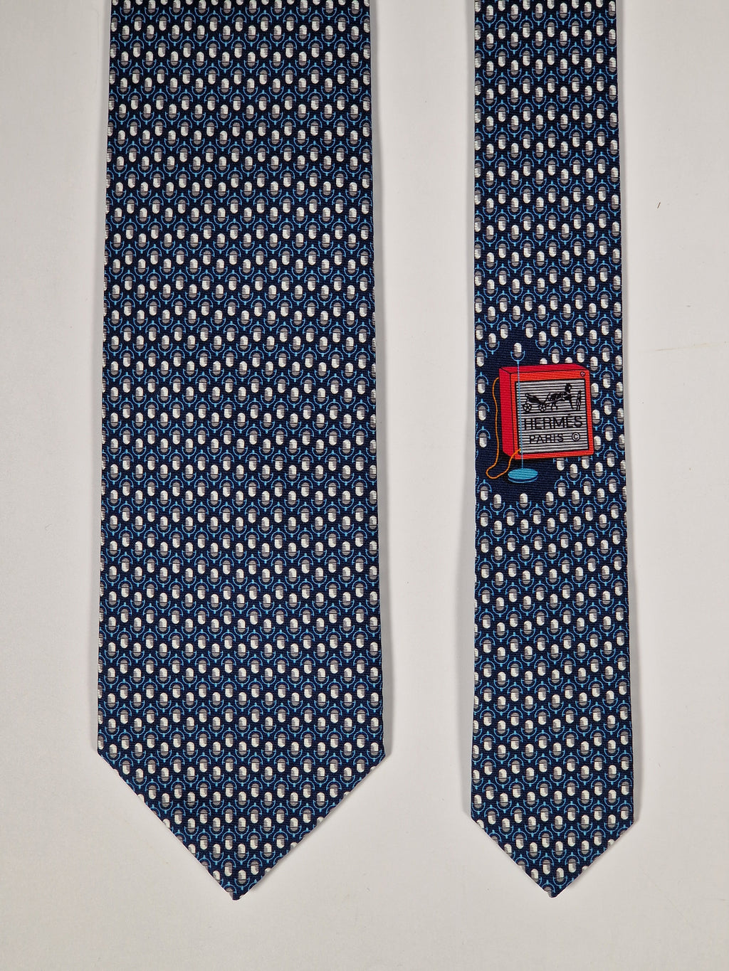 Hermès silk tie blue whimsical microphone pattern 646108 FA