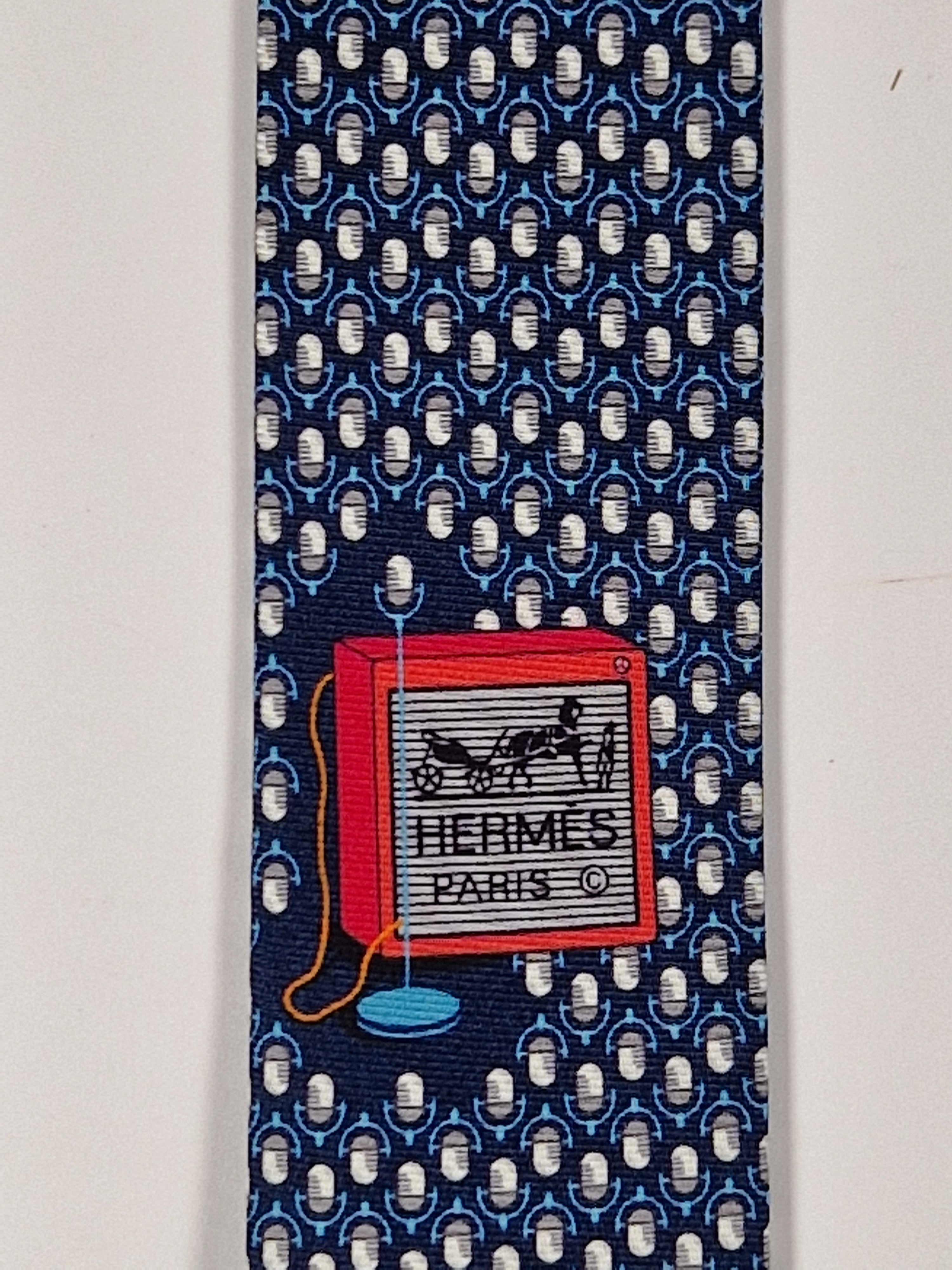 Hermès silk tie blue whimsical microphone pattern 646108 FA