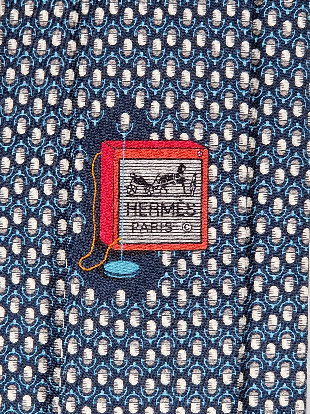 Hermès silk tie blue whimsical microphone pattern 646108 FA