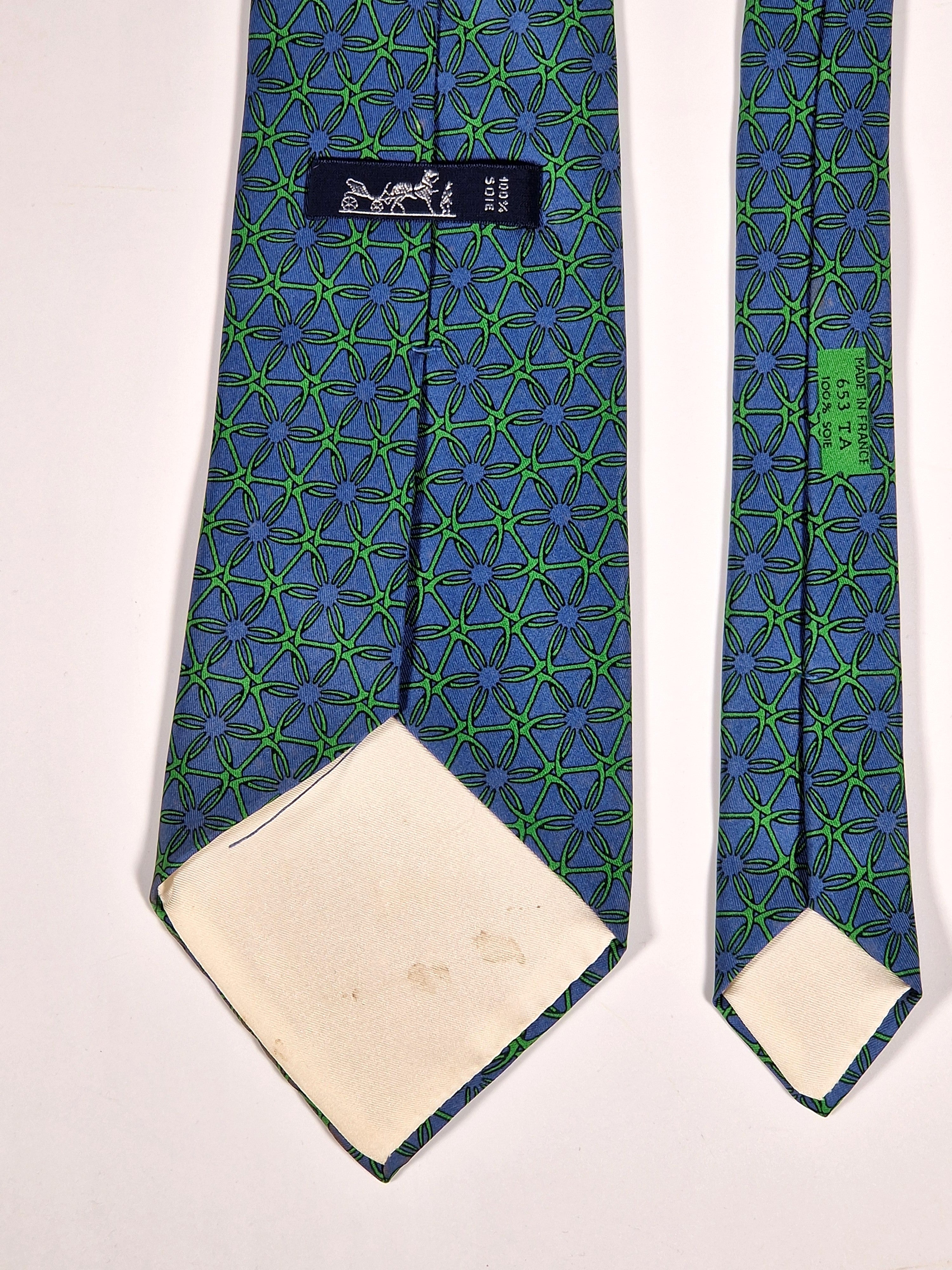 Vintage Hermès silk blue green geometric pattern tie 653 TA