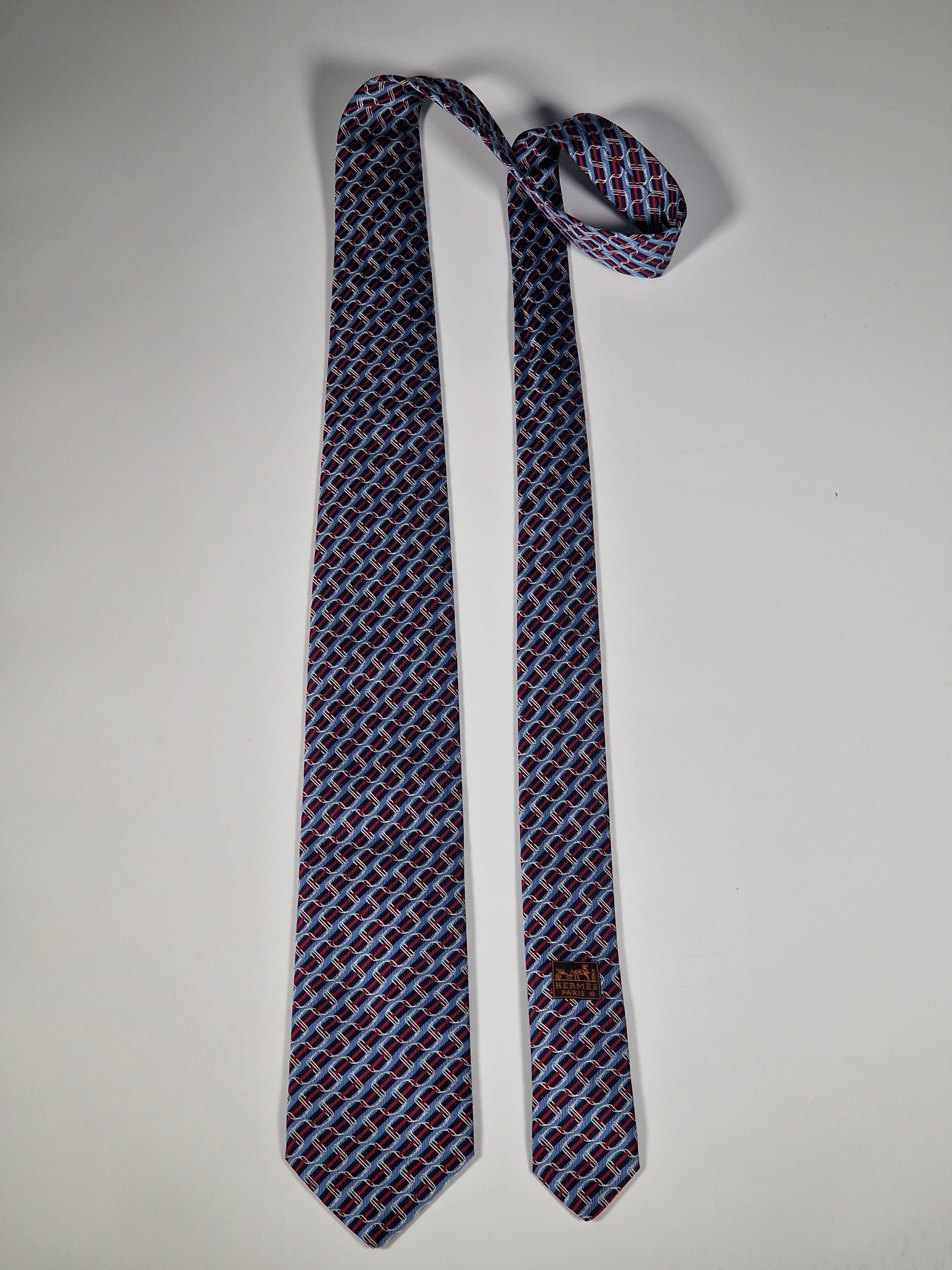 Hermès jacquard silk tie blue striped equestrian horses 655436 T