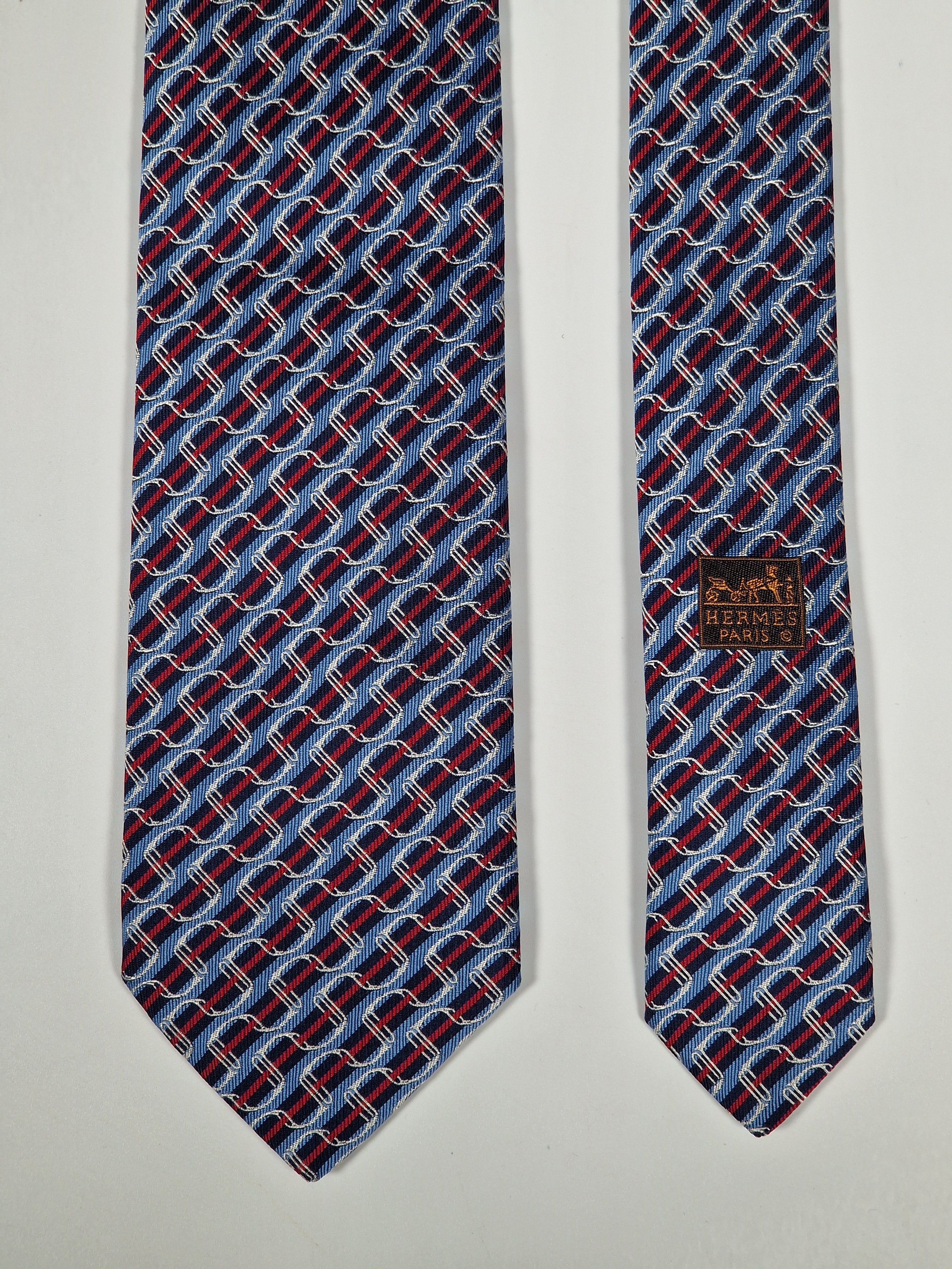 Hermès jacquard silk tie blue striped equestrian horses 655436 T