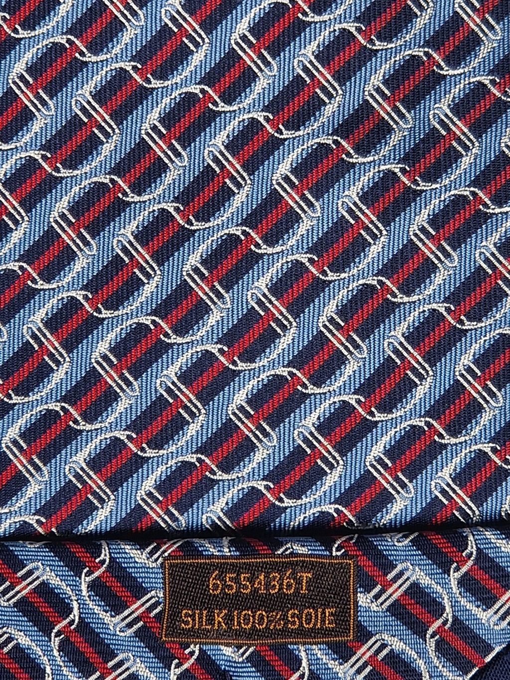 Hermès jacquard silk tie blue striped equestrian horses 655436 T
