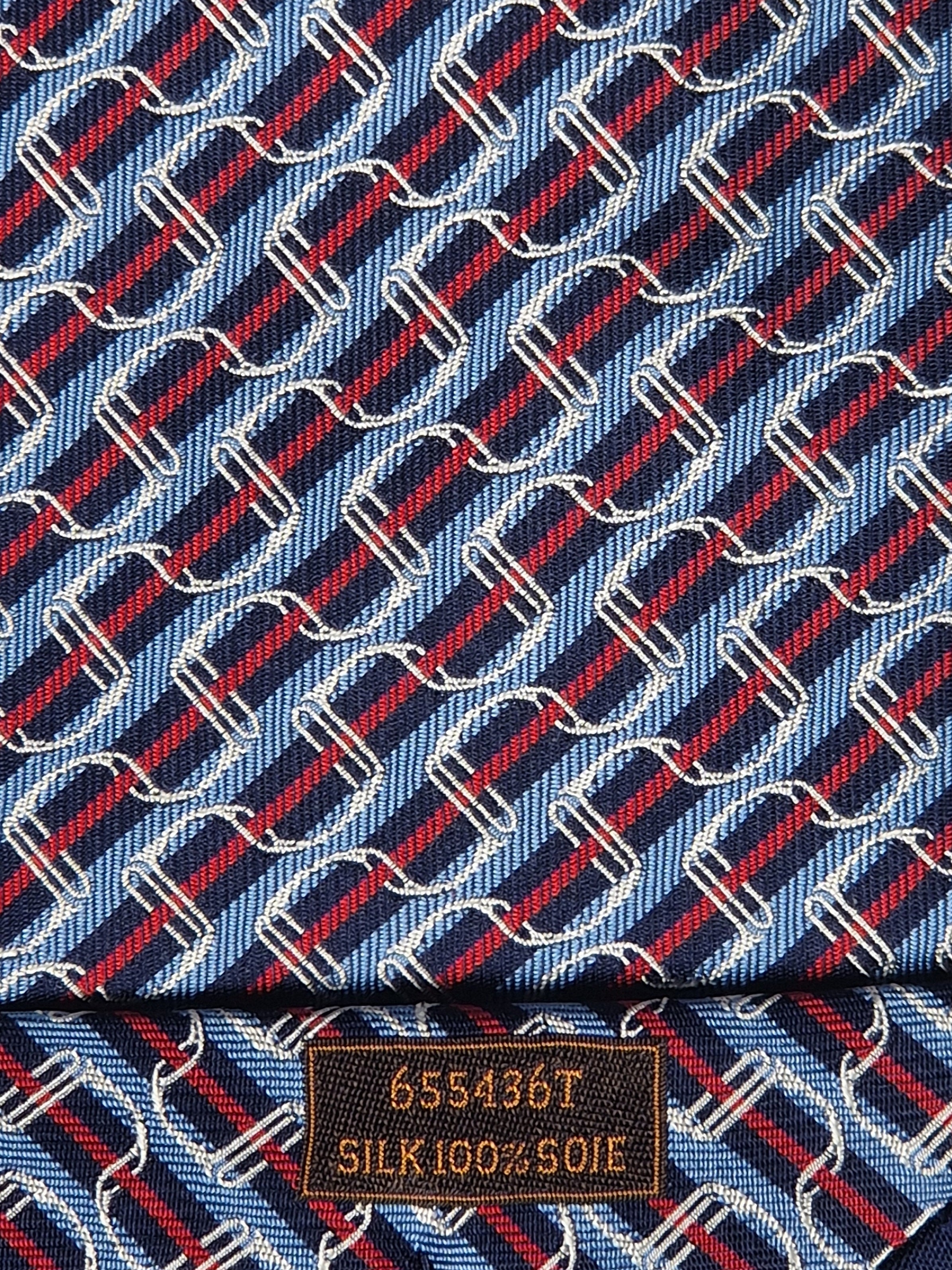 Hermès jacquard silk tie blue striped equestrian horses 655436 T
