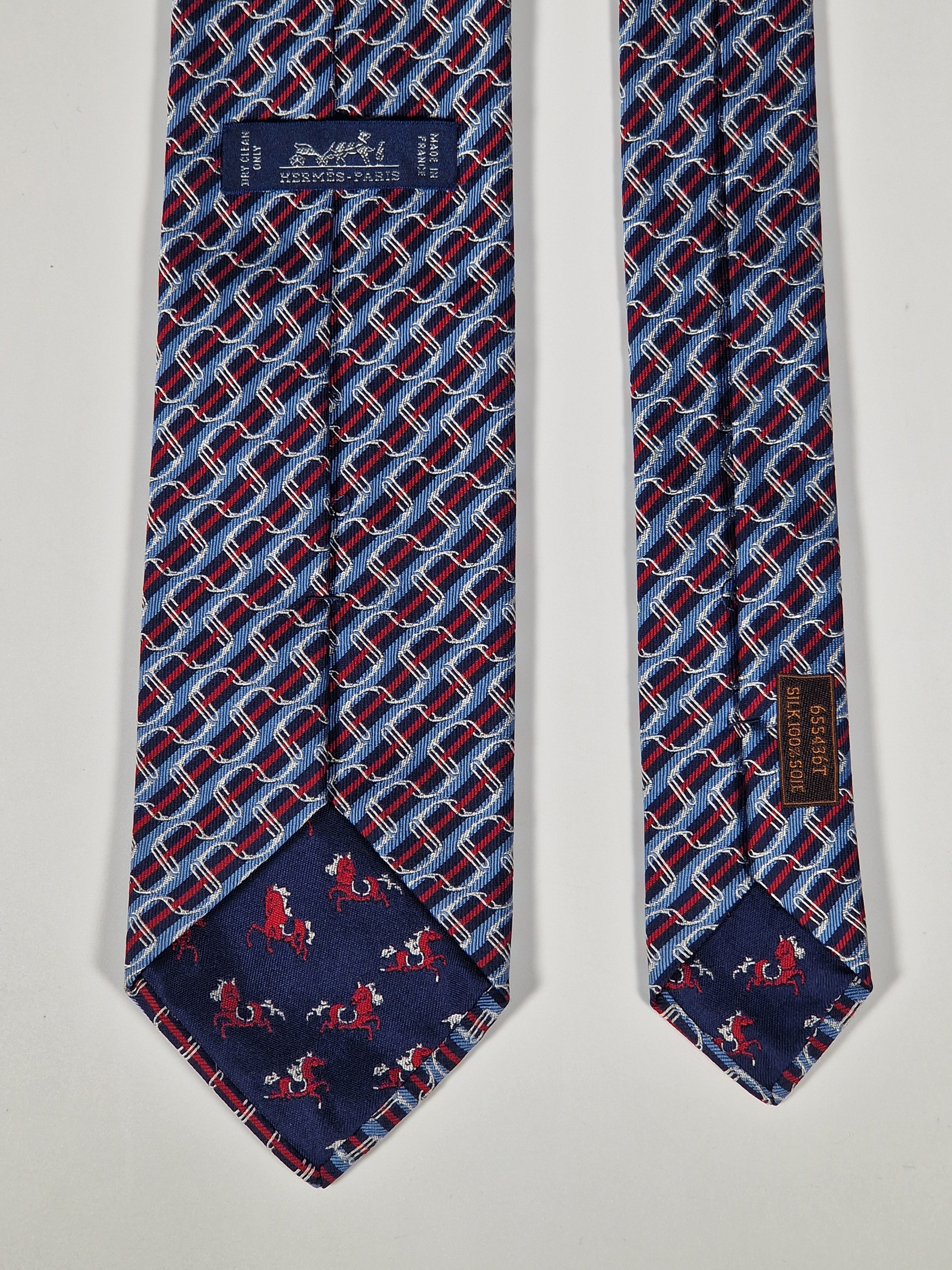 Hermès jacquard silk tie blue striped equestrian horses 655436 T