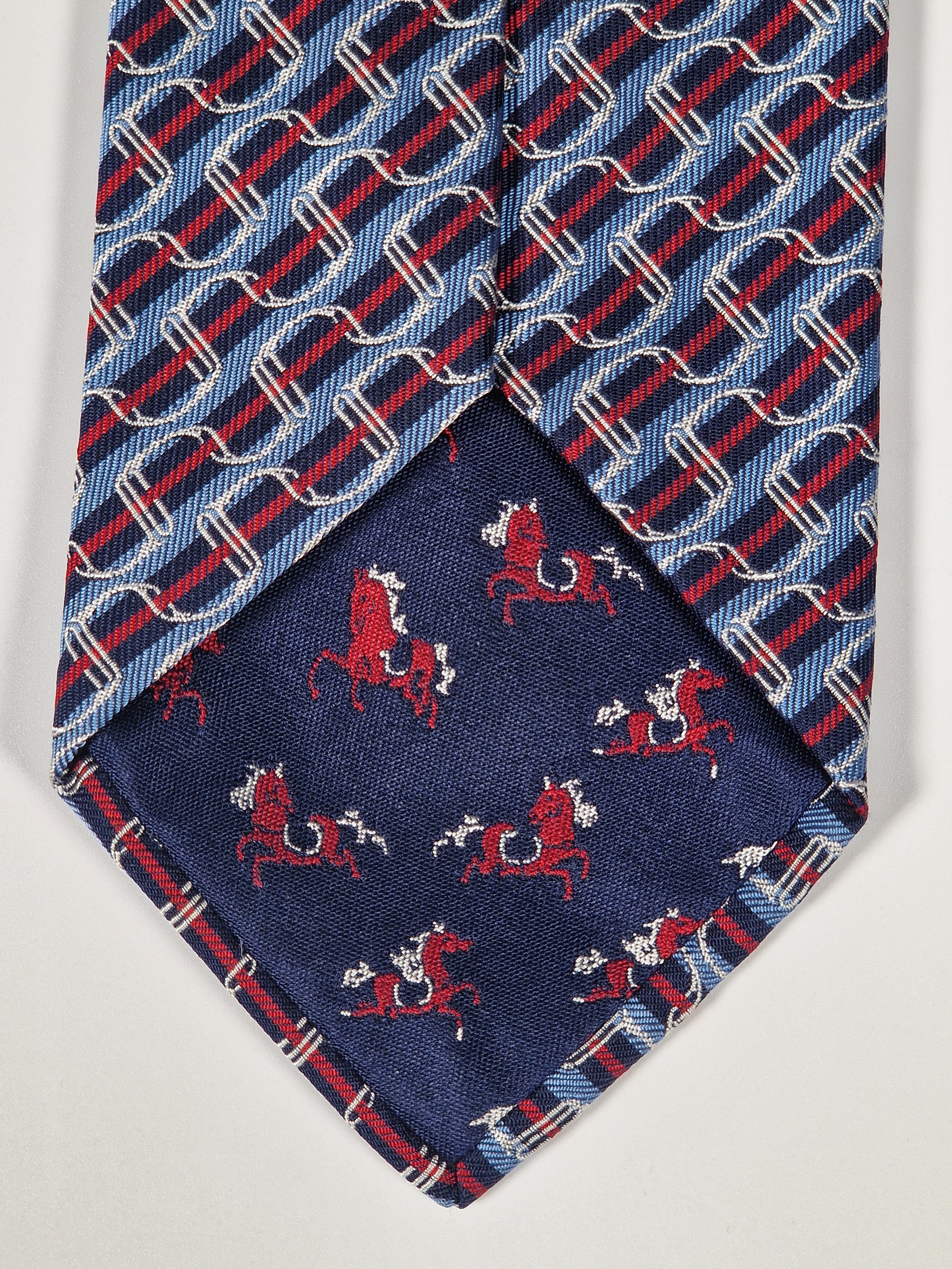 Hermès jacquard silk tie blue striped equestrian horses 655436 T