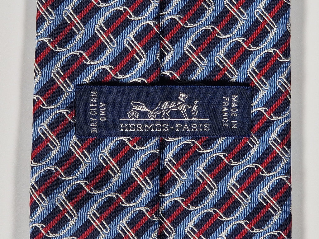 Hermès jacquard silk tie blue striped equestrian horses 655436 T
