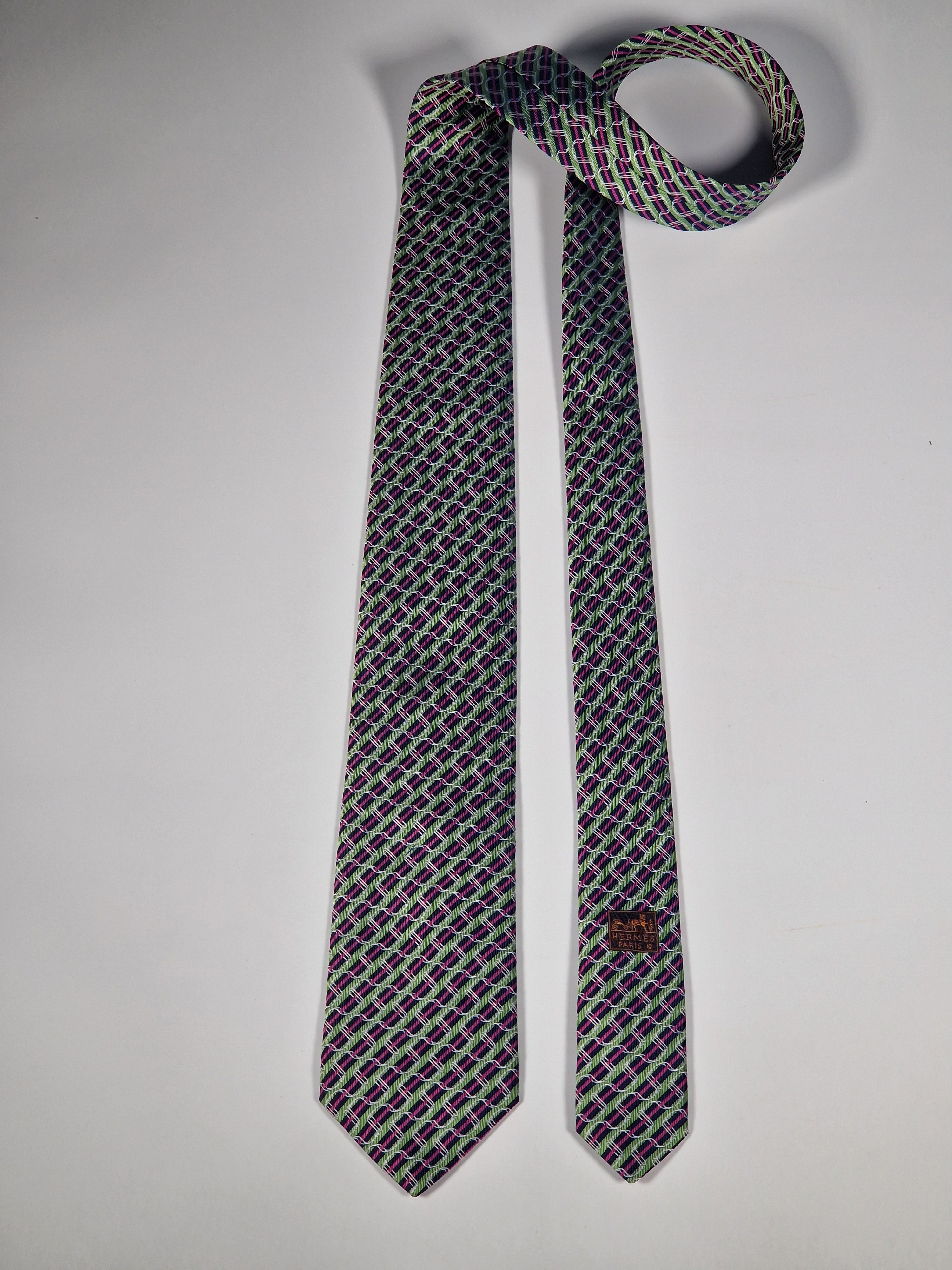 Hermès jacquard silk tie green striped equestrian horses 655436 T