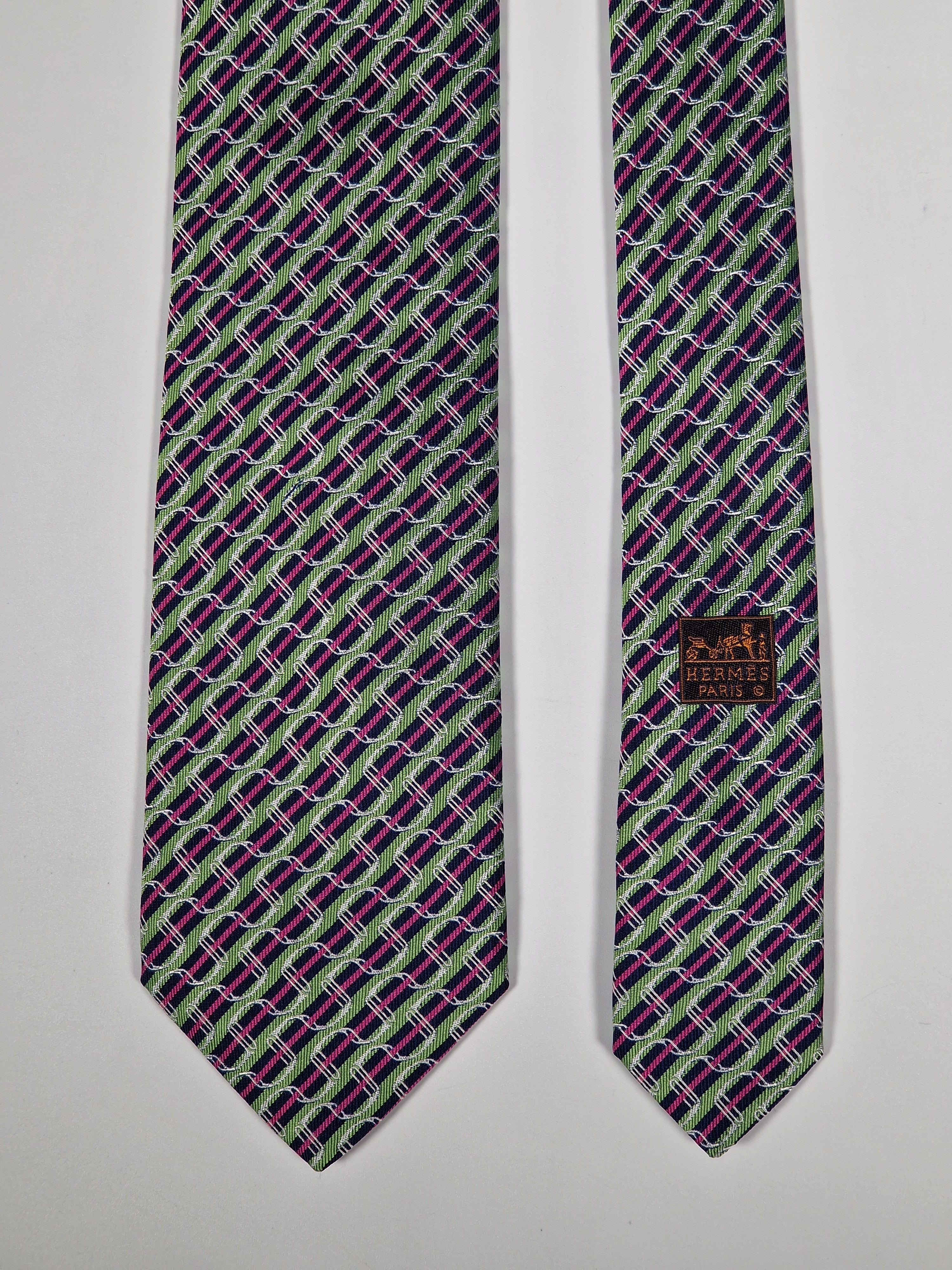 Hermès jacquard silk tie green striped equestrian horses 655436 T