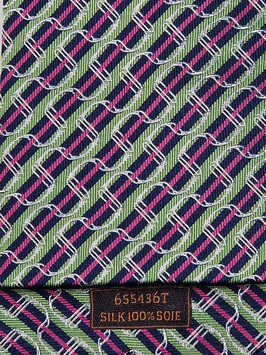 Hermès jacquard silk tie green striped equestrian horses 655436 T