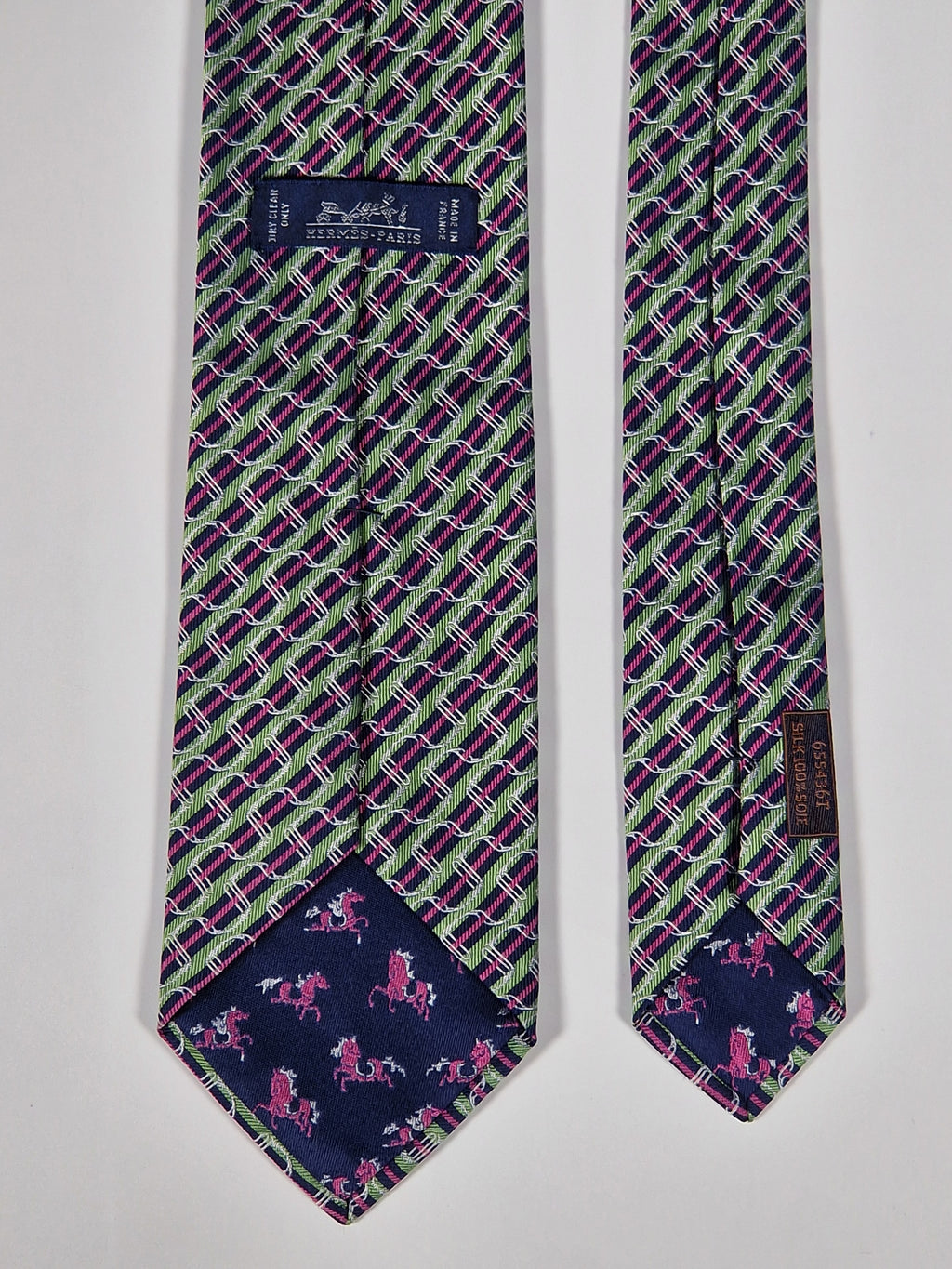 Hermès jacquard silk tie green striped equestrian horses 655436 T