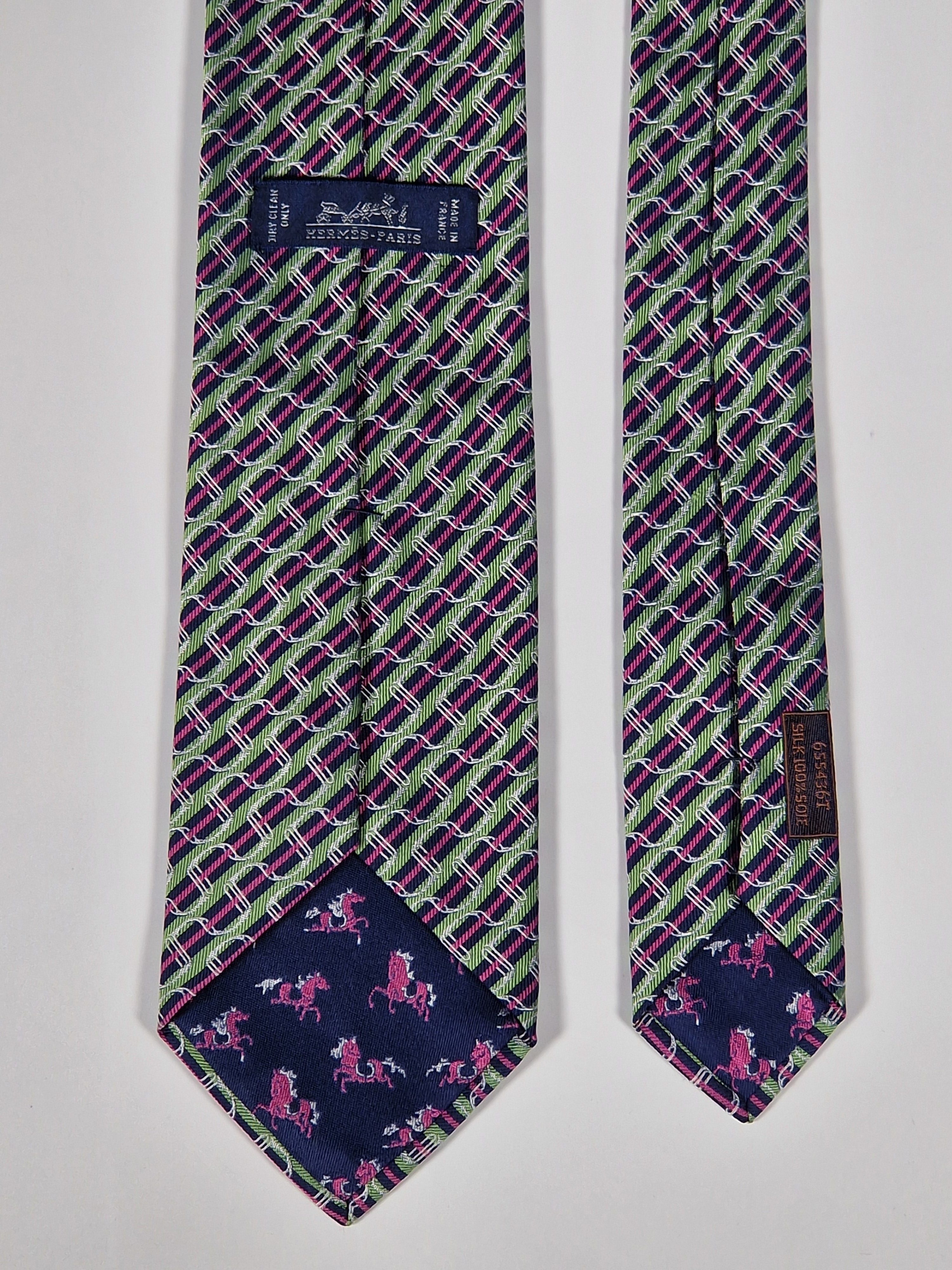 Hermès jacquard silk tie green striped equestrian horses 655436 T