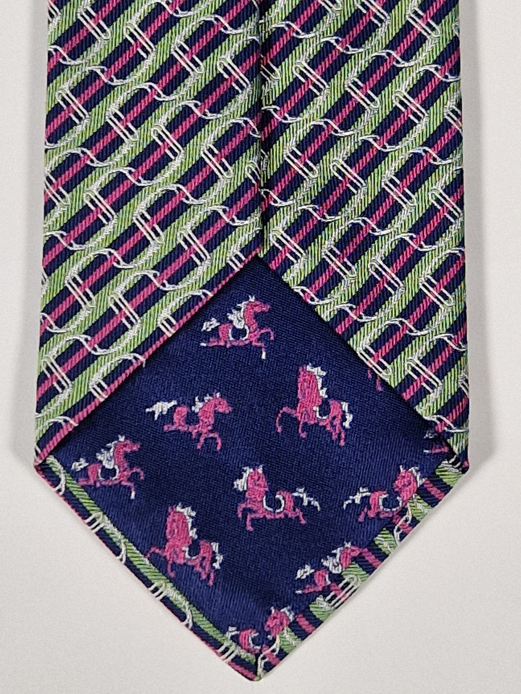 Hermès jacquard silk tie green striped equestrian horses 655436 T