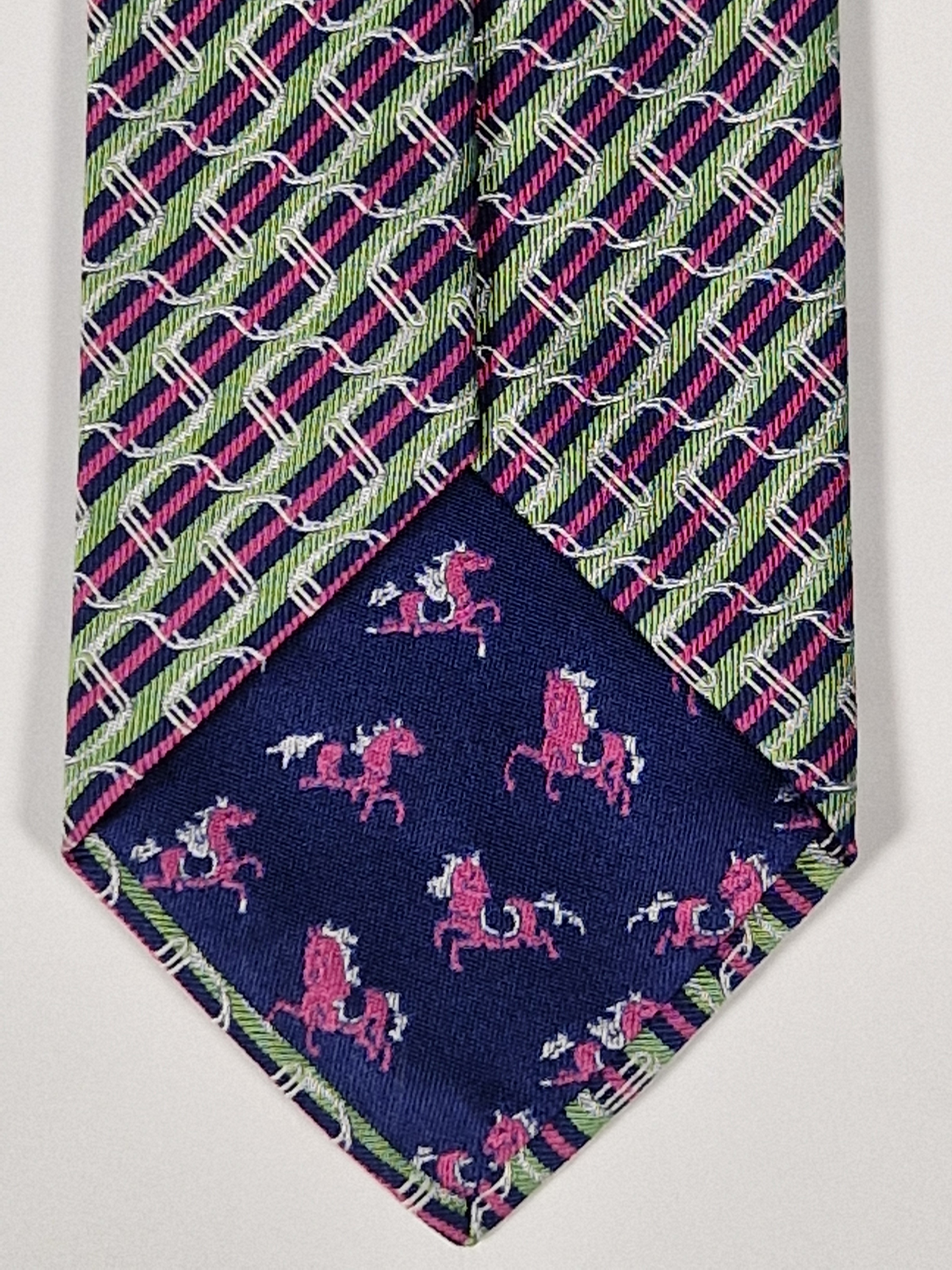 Hermès jacquard silk tie green striped equestrian horses 655436 T