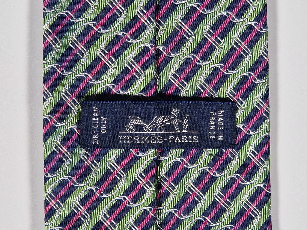 Hermès jacquard silk tie green striped equestrian horses 655436 T