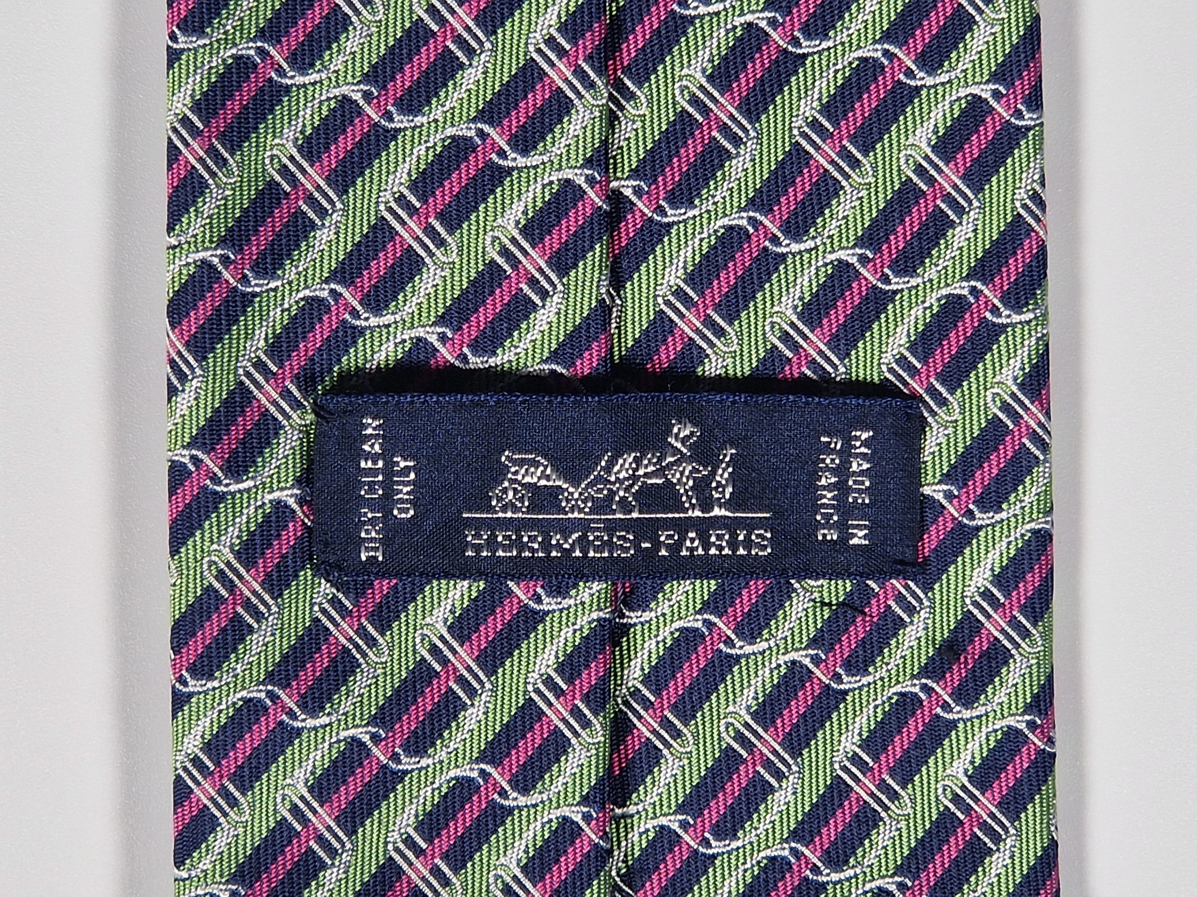Hermès jacquard silk tie green striped equestrian horses 655436 T