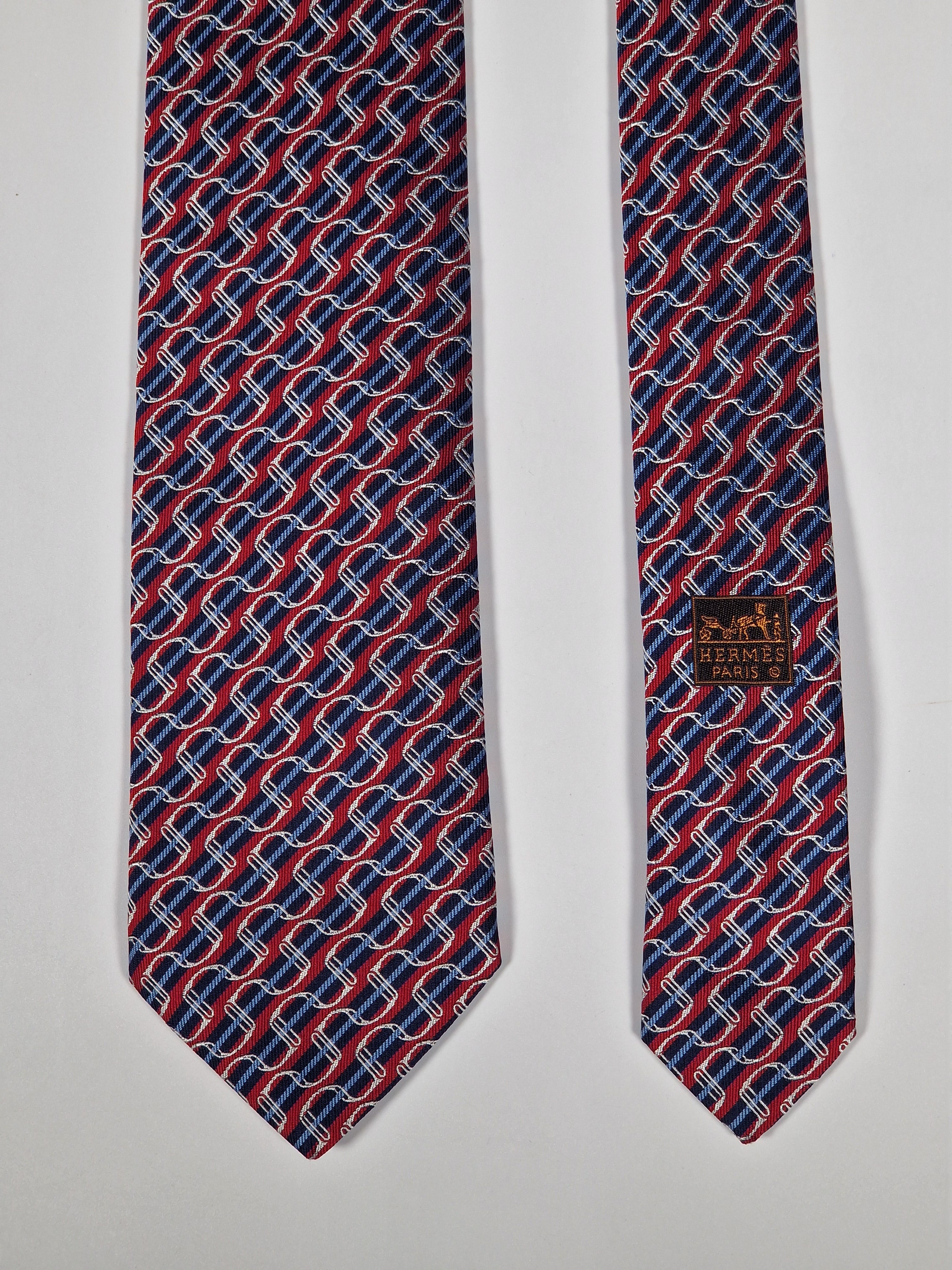 Hermès jacquard silk tie red striped equestrian horses 655436 T