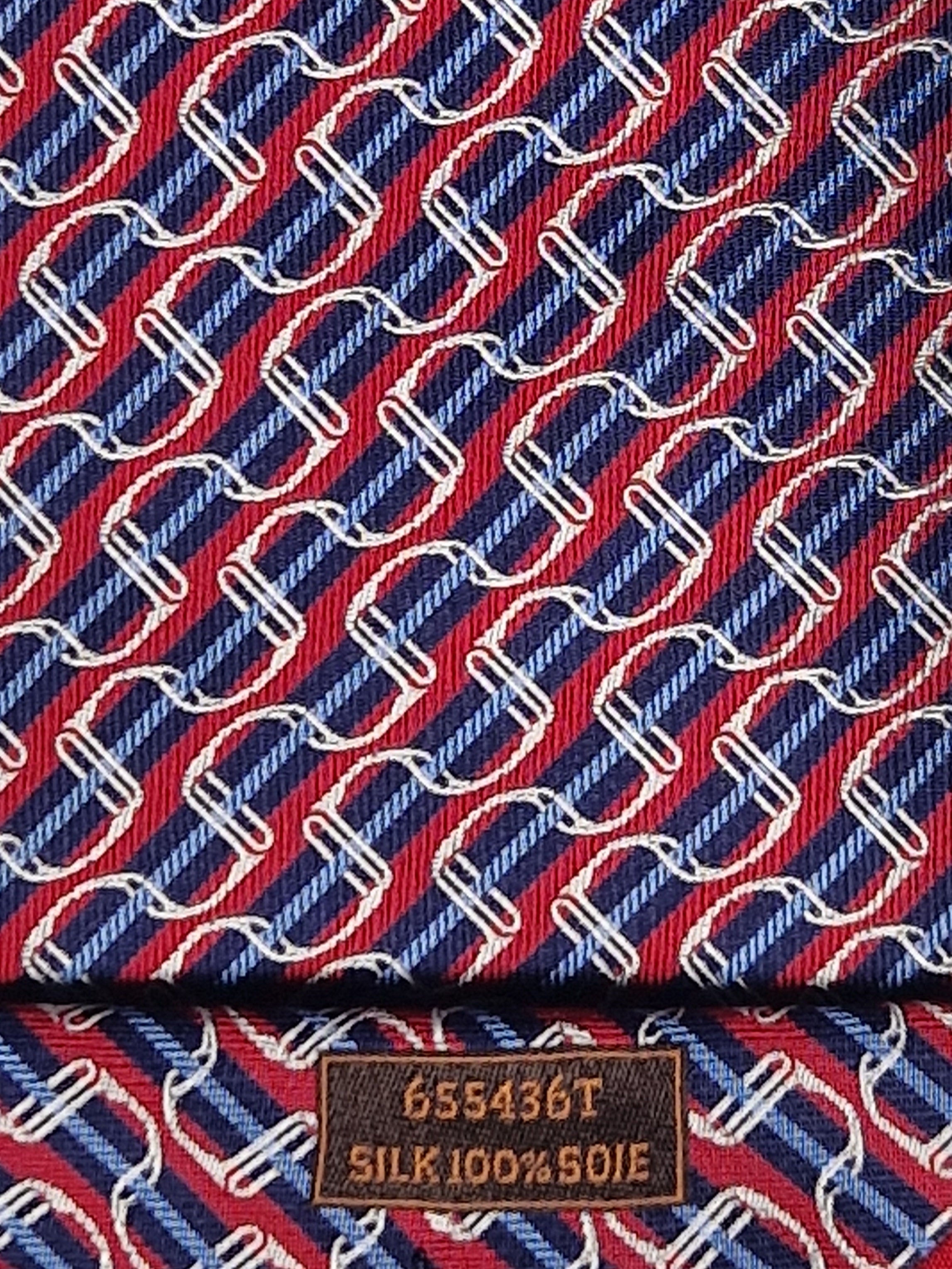 Hermès jacquard silk tie red striped equestrian horses 655436 T
