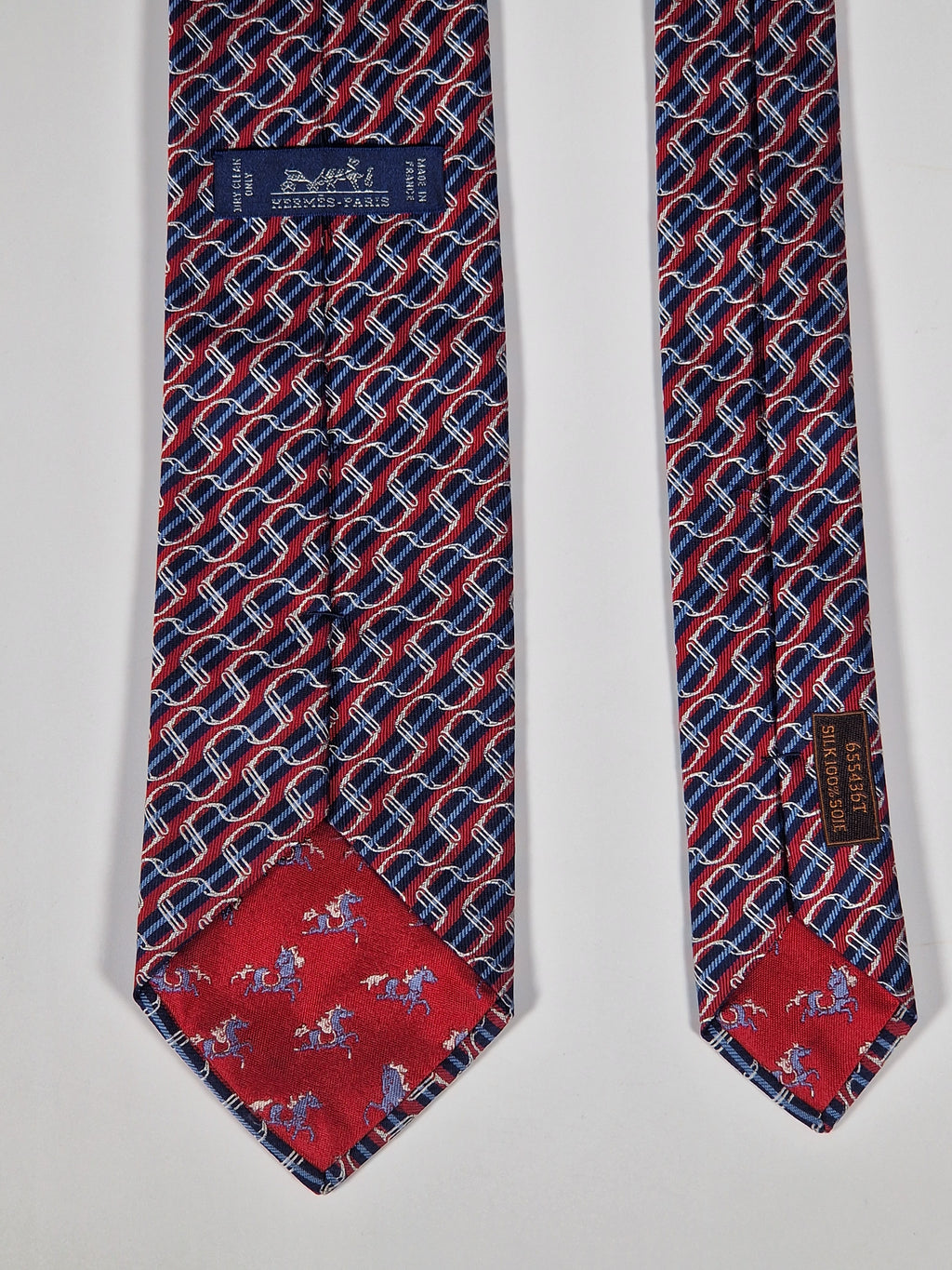 Hermès jacquard silk tie red striped equestrian horses 655436 T