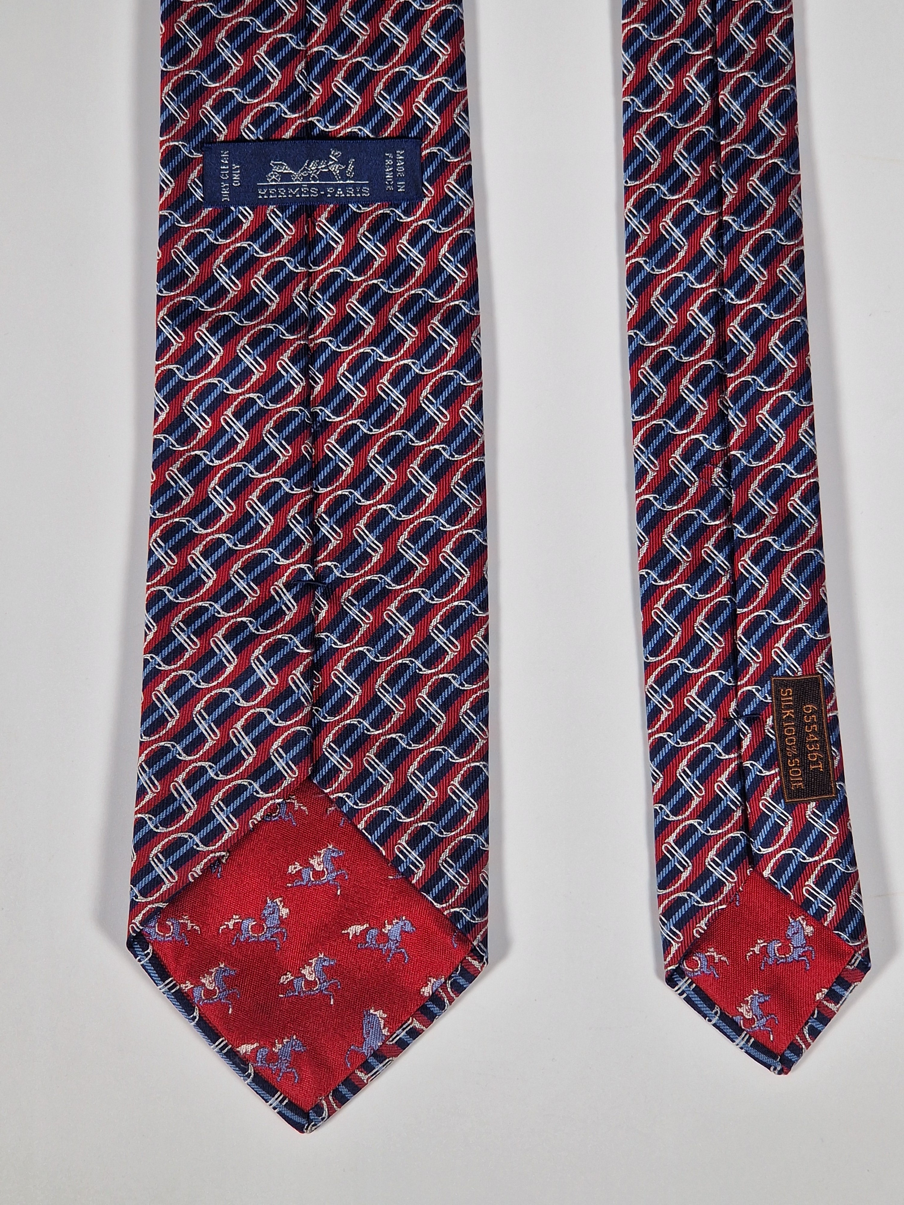 Hermès jacquard silk tie red striped equestrian horses 655436 T