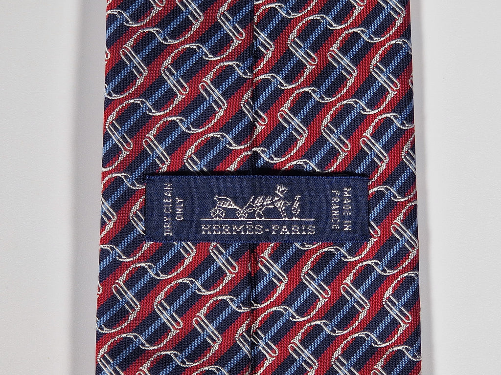 Hermès jacquard silk tie red striped equestrian horses 655436 T
