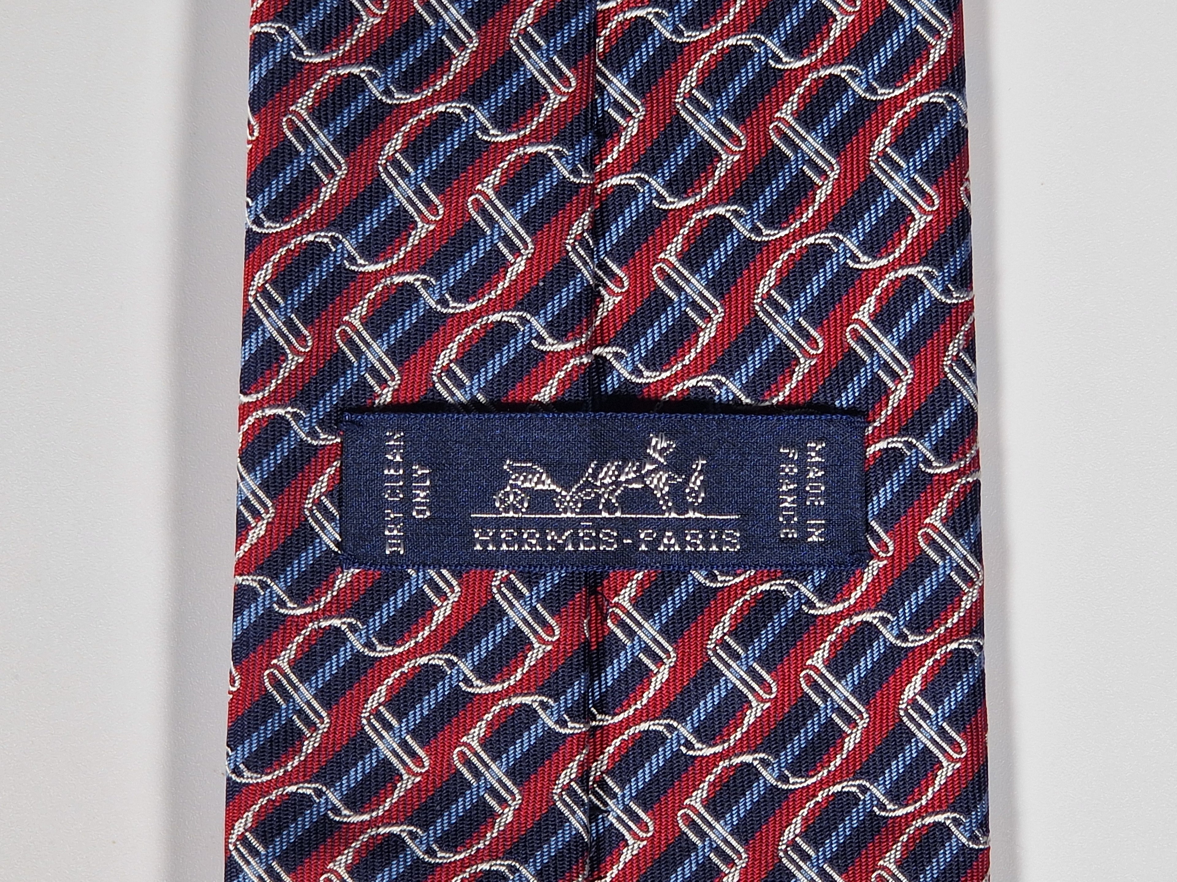 Hermès jacquard silk tie red striped equestrian horses 655436 T