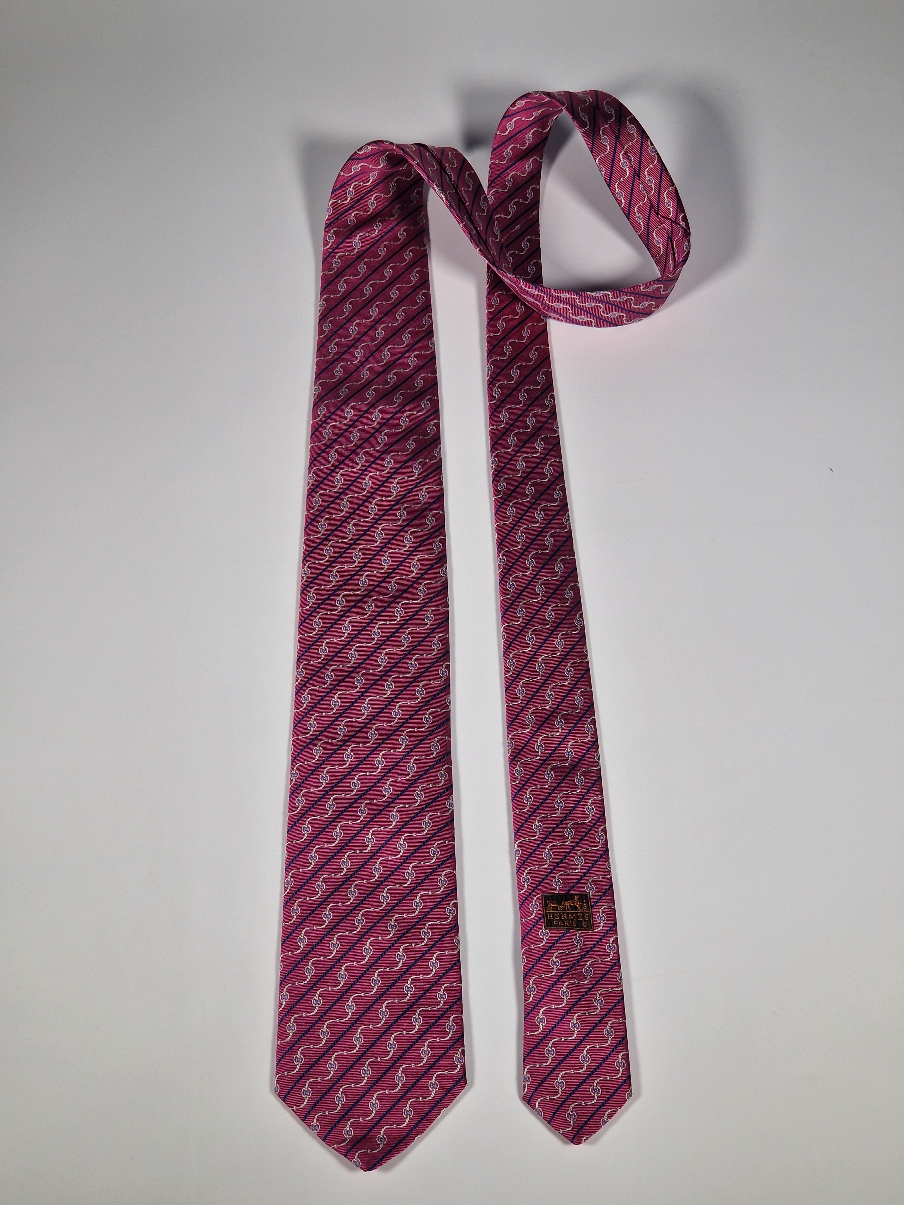 Hermès jacquard silk tie pink equestrian pattern 655832 T