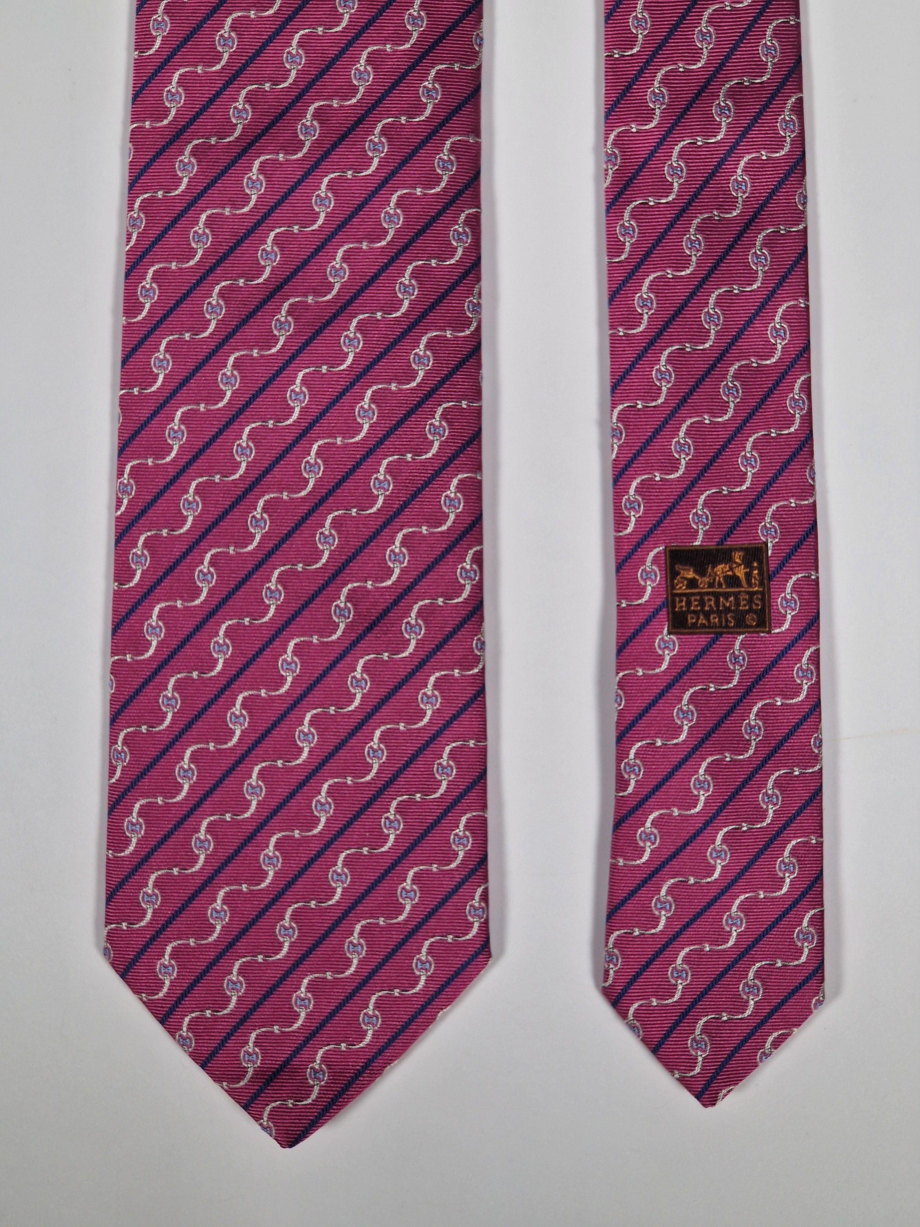 Hermès jacquard silk tie pink equestrian pattern 655832 T