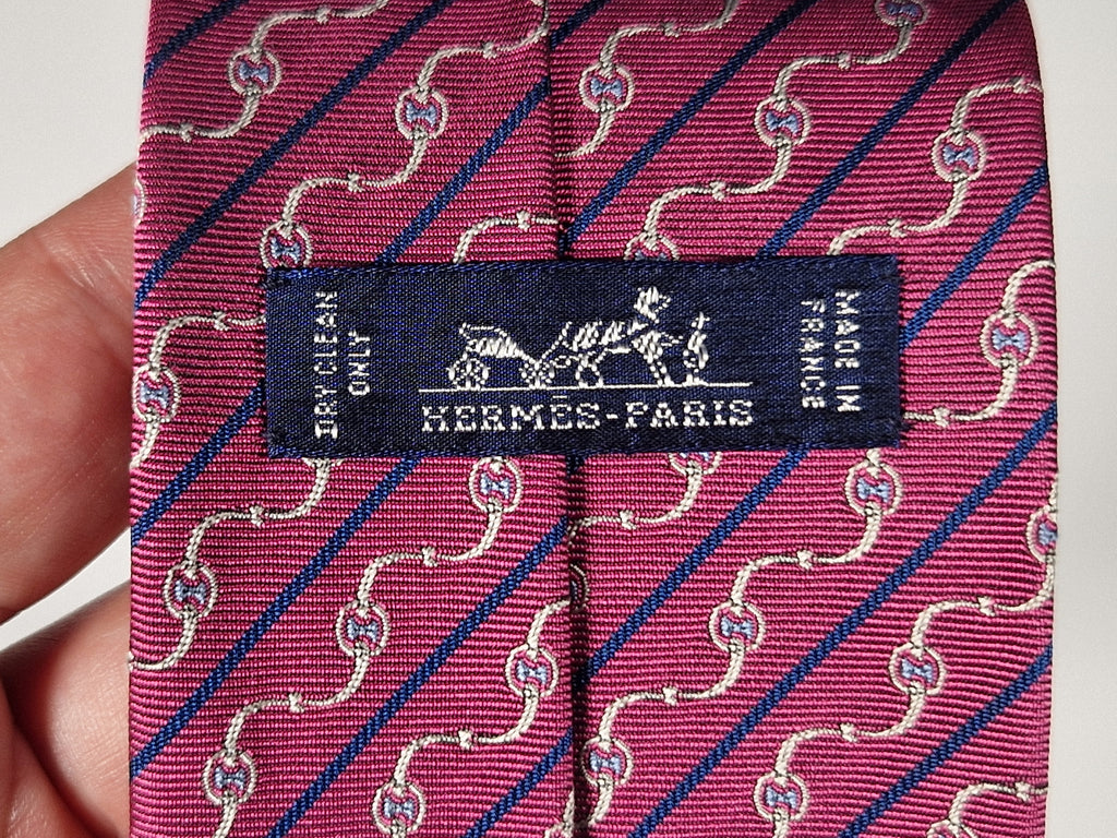 Hermès jacquard silk tie pink equestrian pattern 655832 T