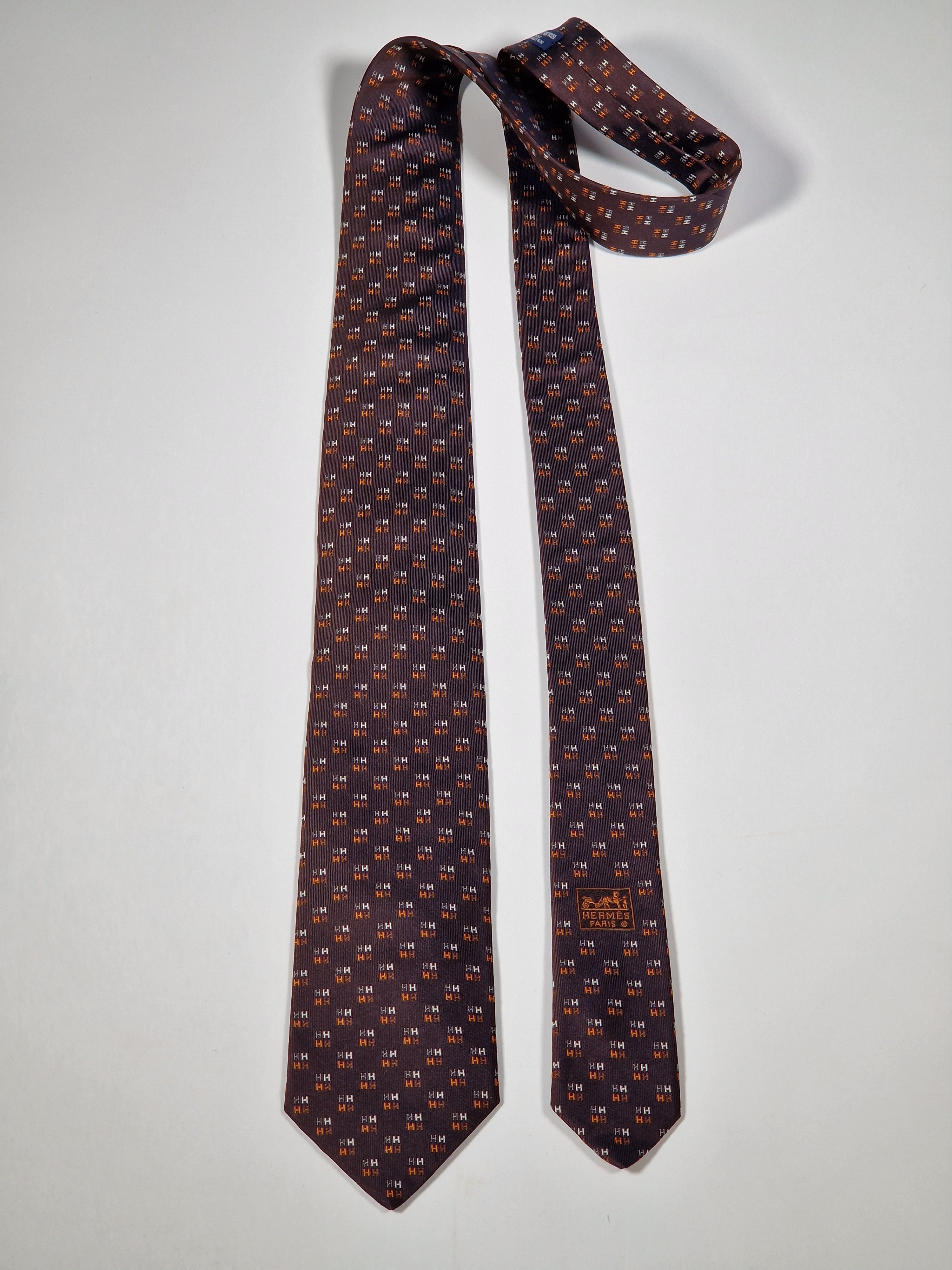 Hermès jaquard silk tie brown H pattern 656192 T